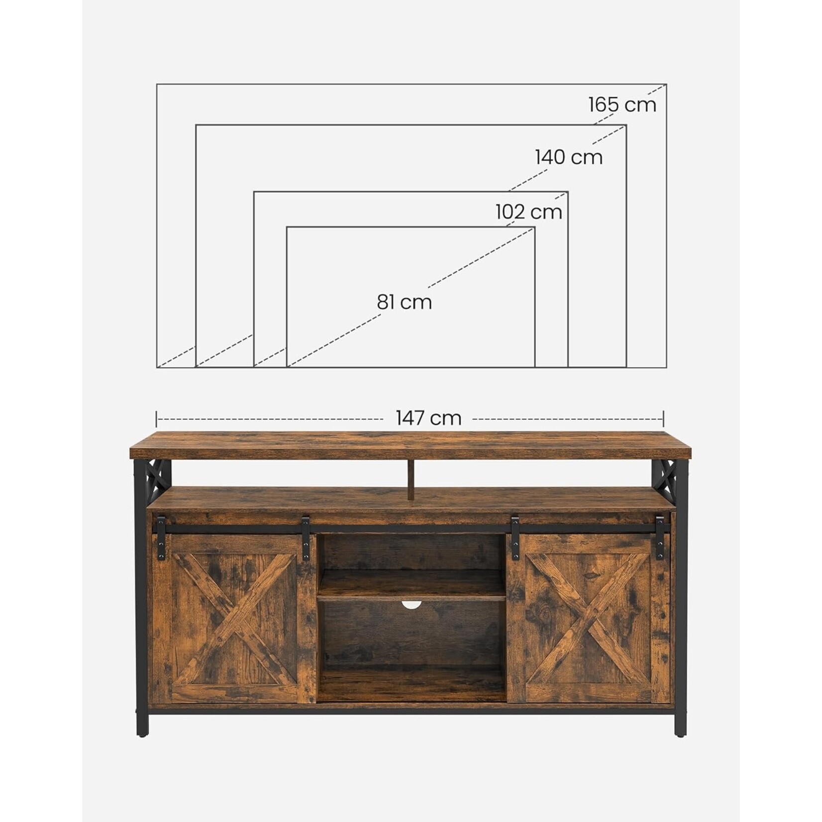 Parya Home TV Stand - Lowboard for televisions up to 65 inches, with adjustable shelves and rustic door, vintage brown-black