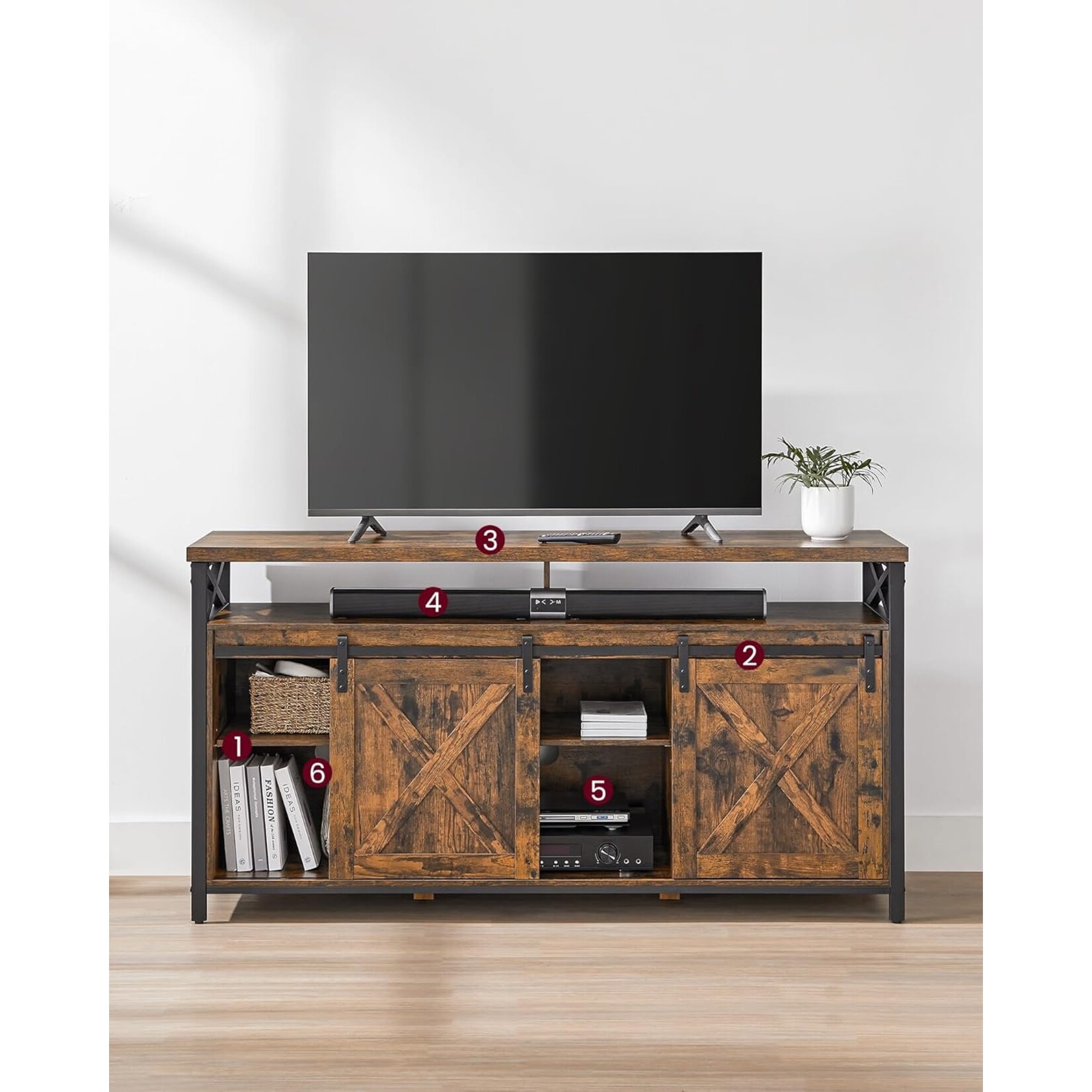 Parya Home TV Stand - Lowboard for televisions up to 65 inches, with adjustable shelves and rustic door, vintage brown-black