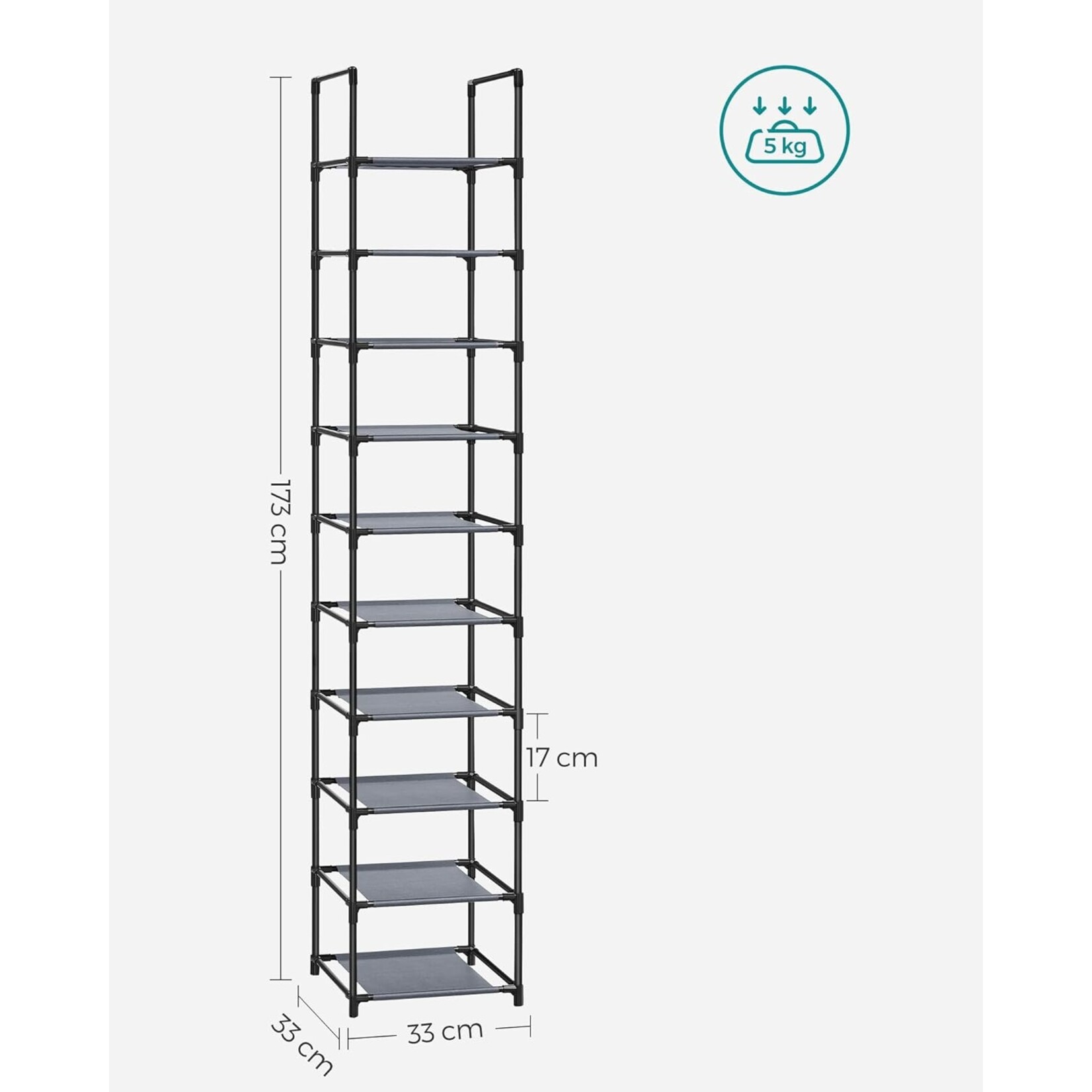 Parya Home Parya Home Narrow Shoe Rack – 10-tier shoe rack made of metal and non-woven fabric, 33 x 33 x 173 cm, gray
