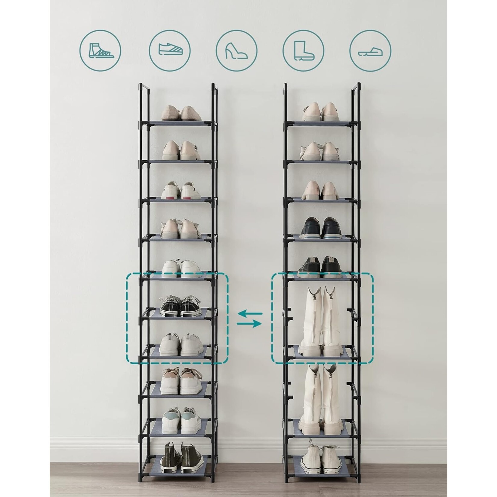 Parya Home Smal Schoenenrek – 10-laags schoenenopberger van metaal en vliesstof, 33 x 33 x 173 cm, grijs