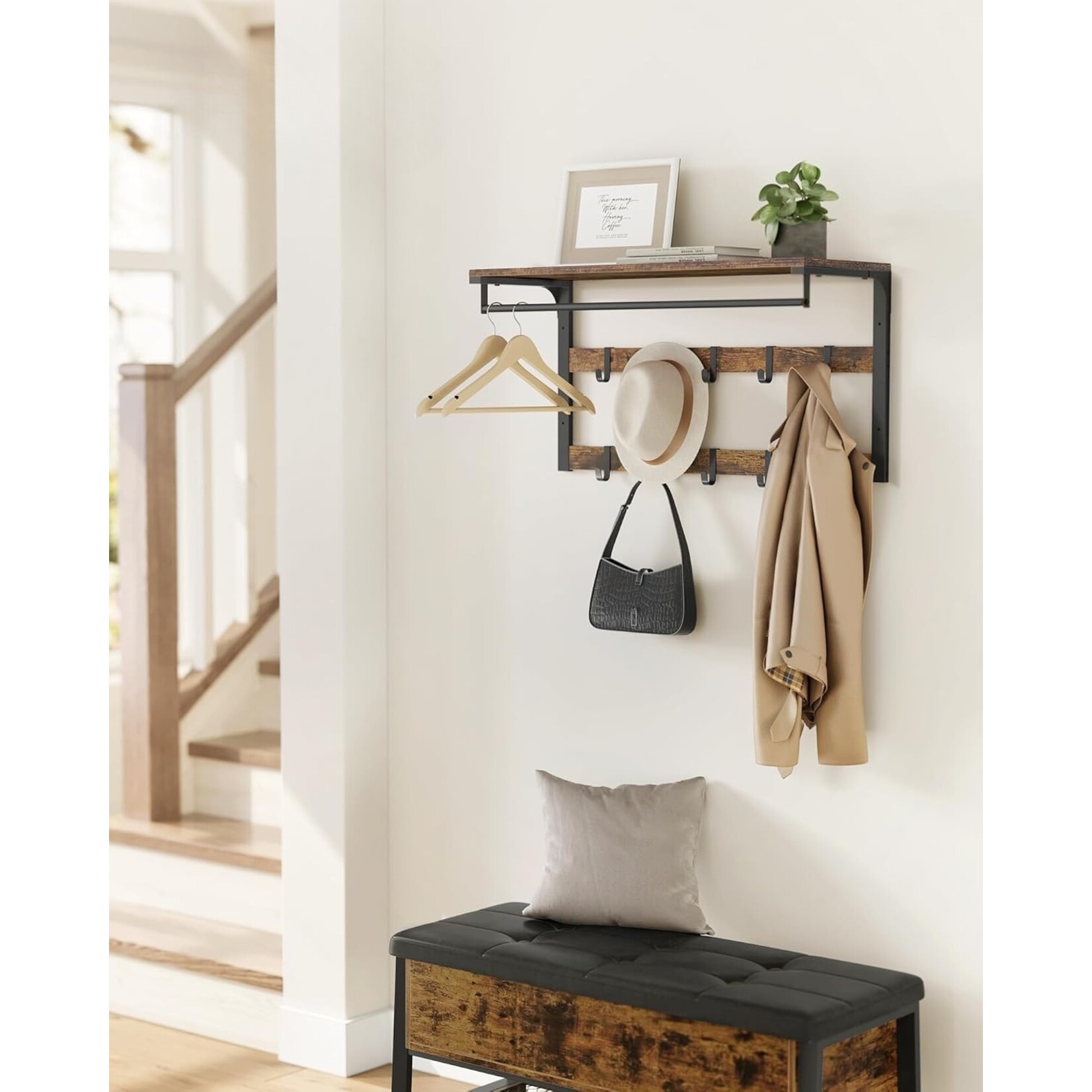 Parya Home Wandkapstok met Plank – Ruimtebesparende wandplank met 10 afneembare haken, vintage bruin-zwart
