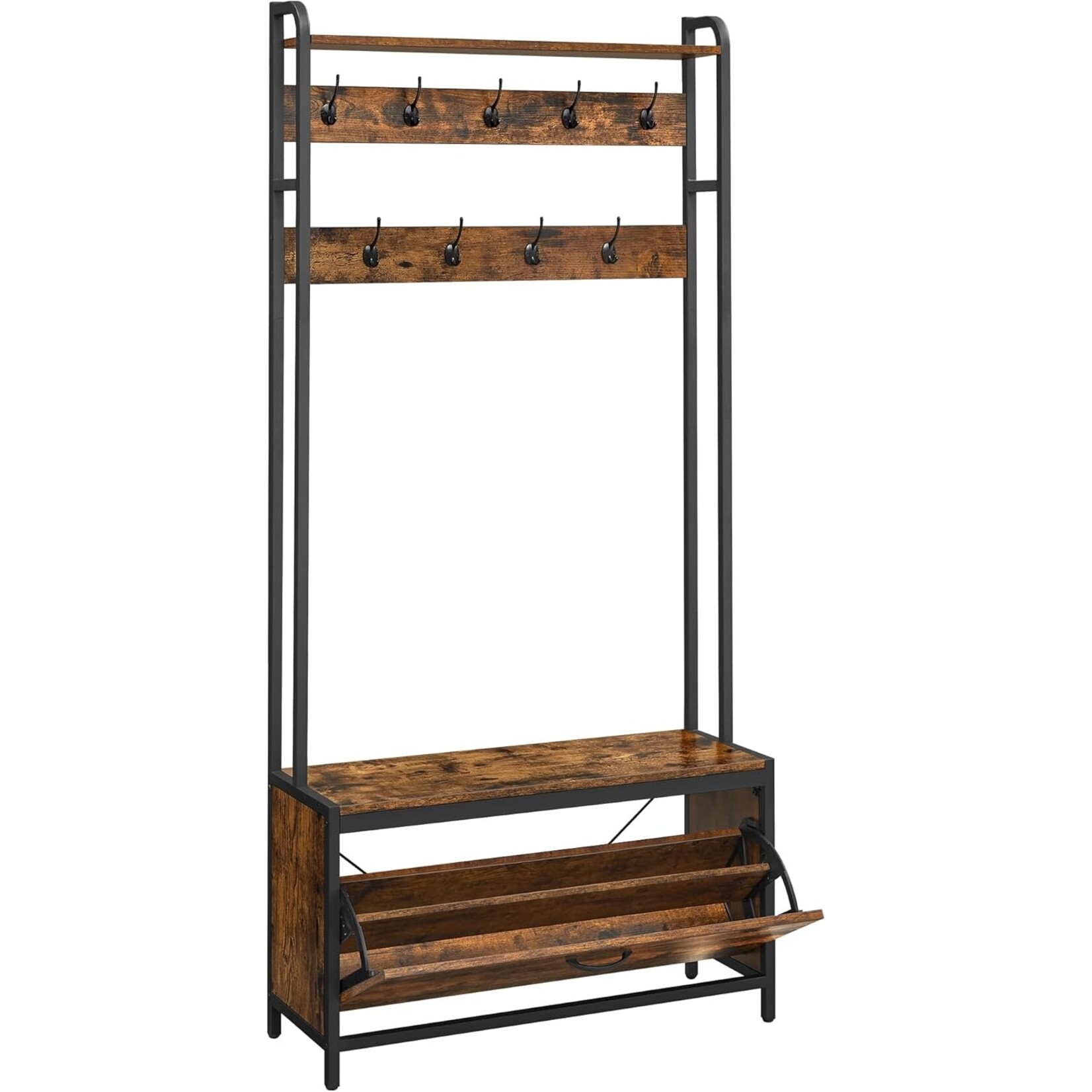 Parya Home Industrial Coat Rack with Shoe Cabinet – Coat rack with bench, clothes rack and 9 hooks, vintage brown and black