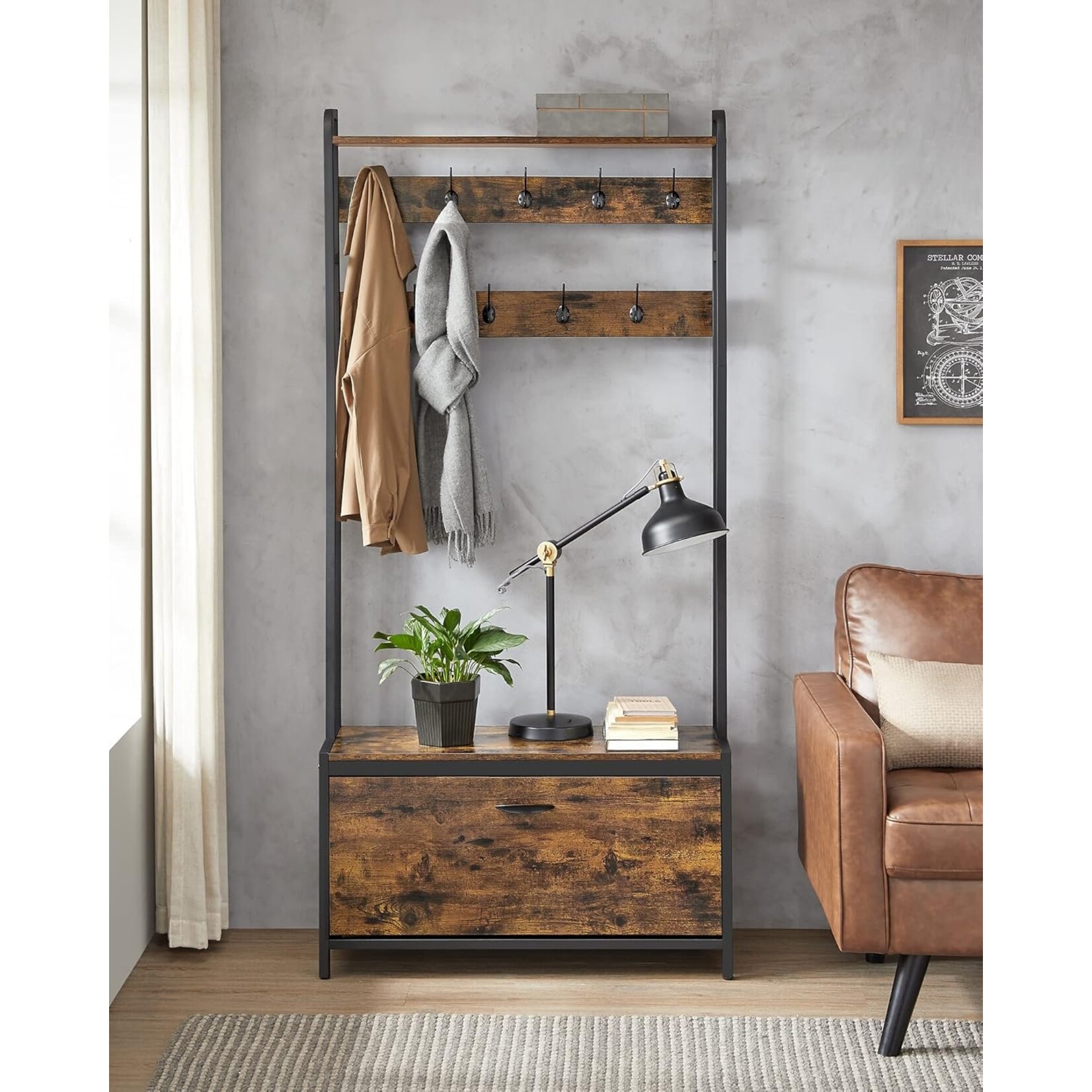 Parya Home Industrial Coat Rack with Shoe Cabinet – Coat rack with bench, clothes rack and 9 hooks, vintage brown and black