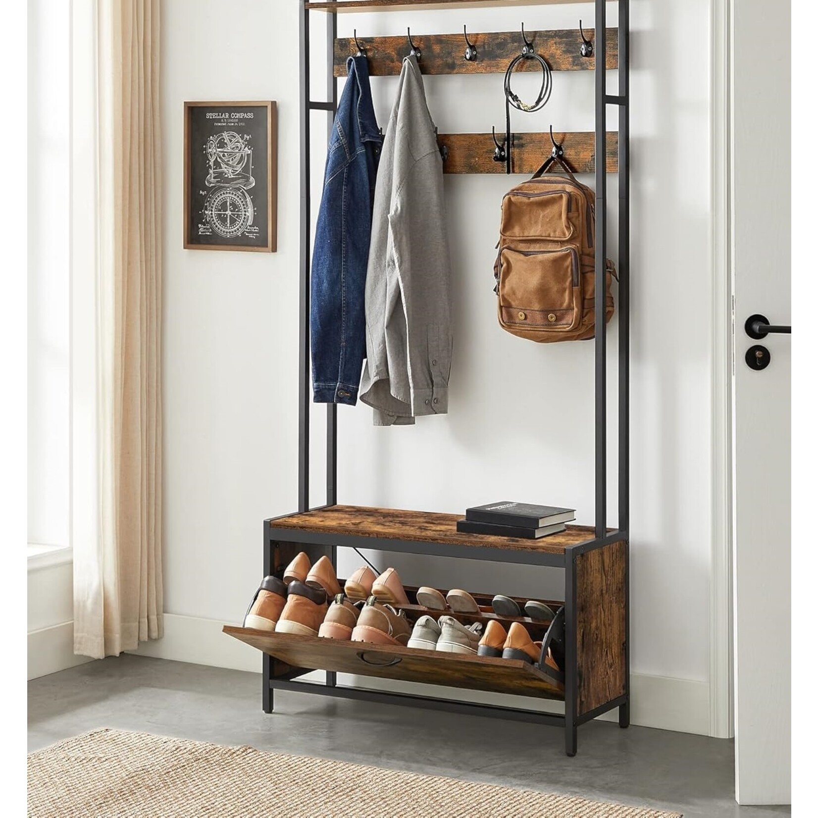 Parya Home Industrial Coat Rack with Shoe Cabinet – Coat rack with bench, clothes rack and 9 hooks, vintage brown and black