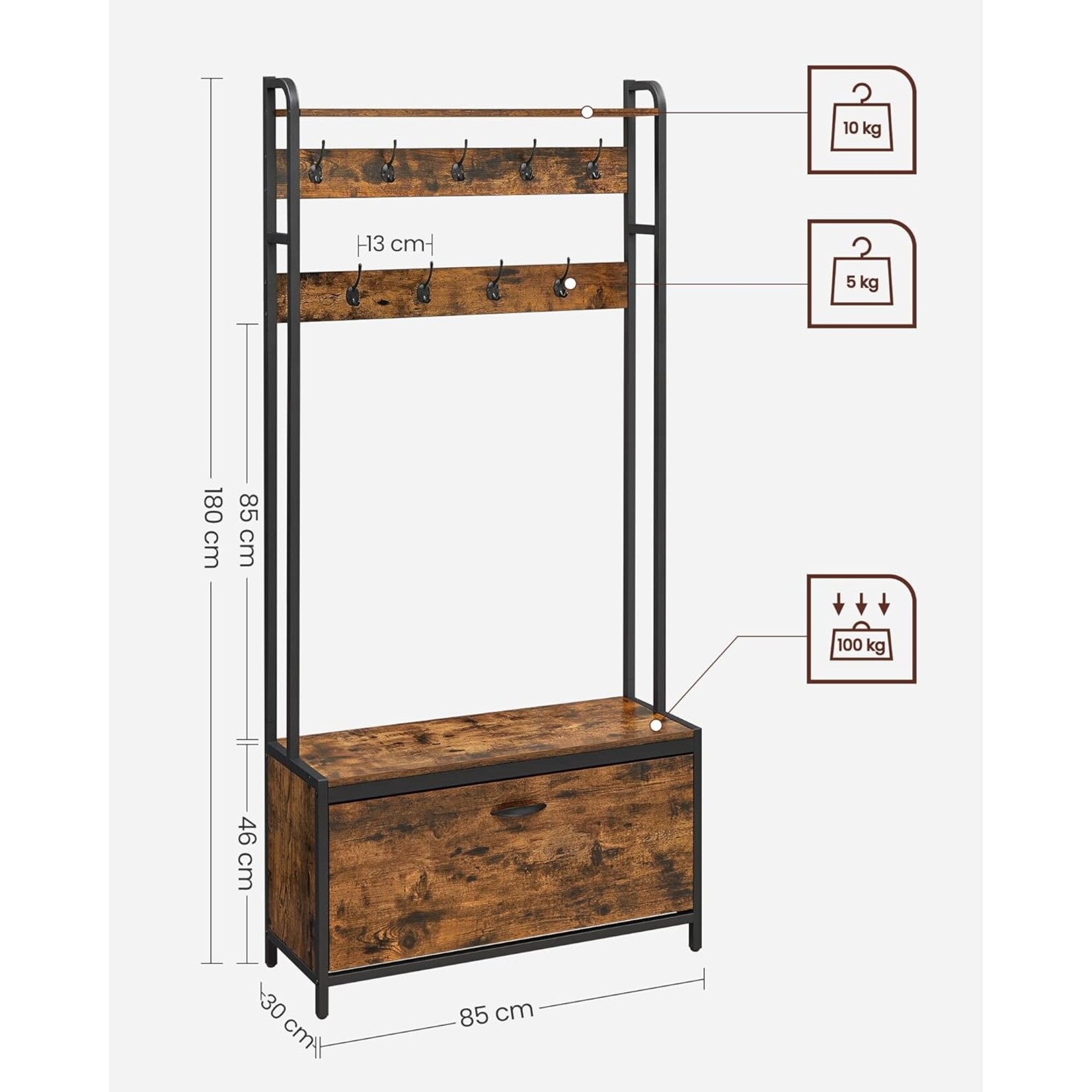 Parya Home Industrial Coat Rack with Shoe Cabinet – Coat rack with bench, clothes rack and 9 hooks, vintage brown and black