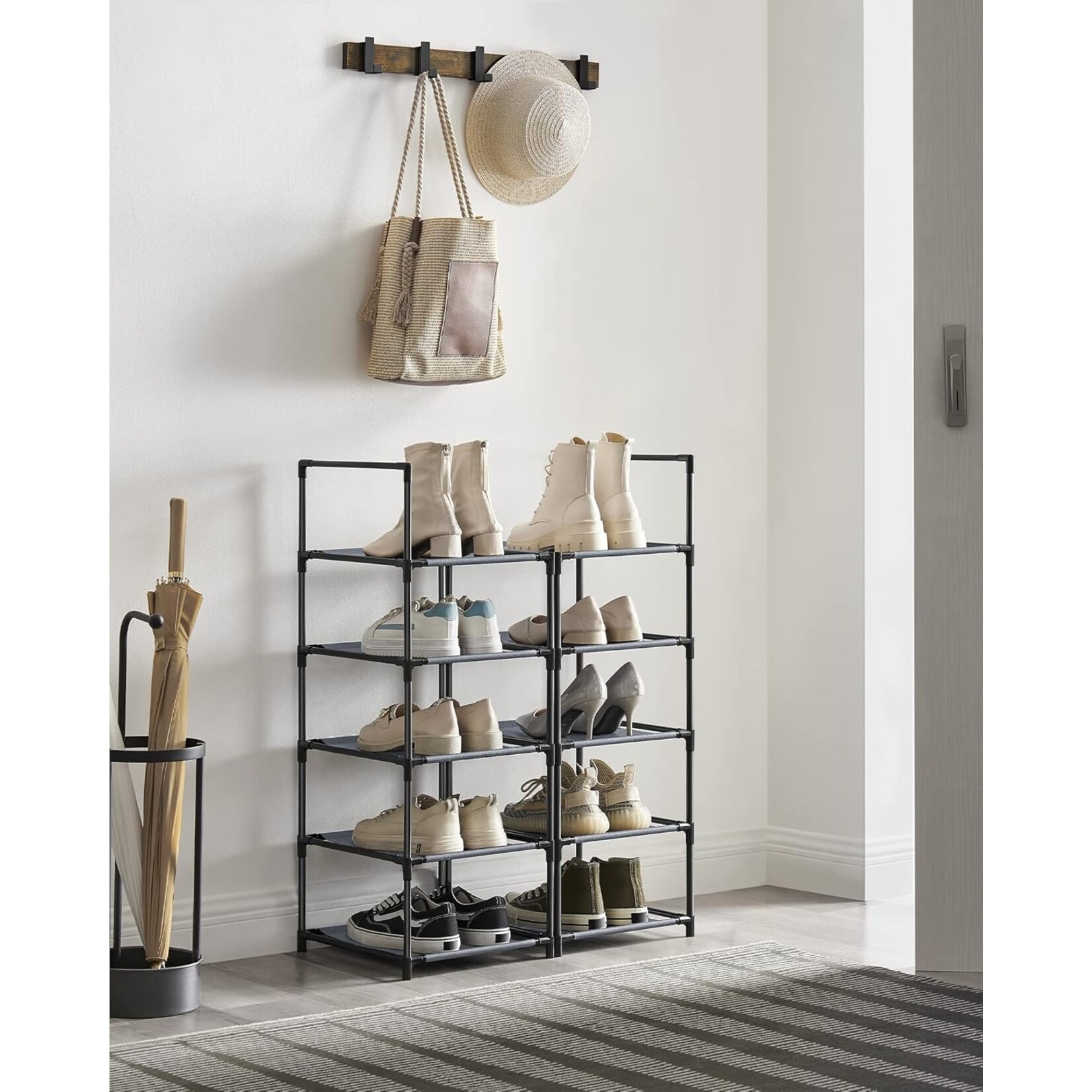 Parya Home Smal Schoenenrek – 10-laags schoenenopberger van metaal en vliesstof, 33 x 33 x 173 cm, grijs
