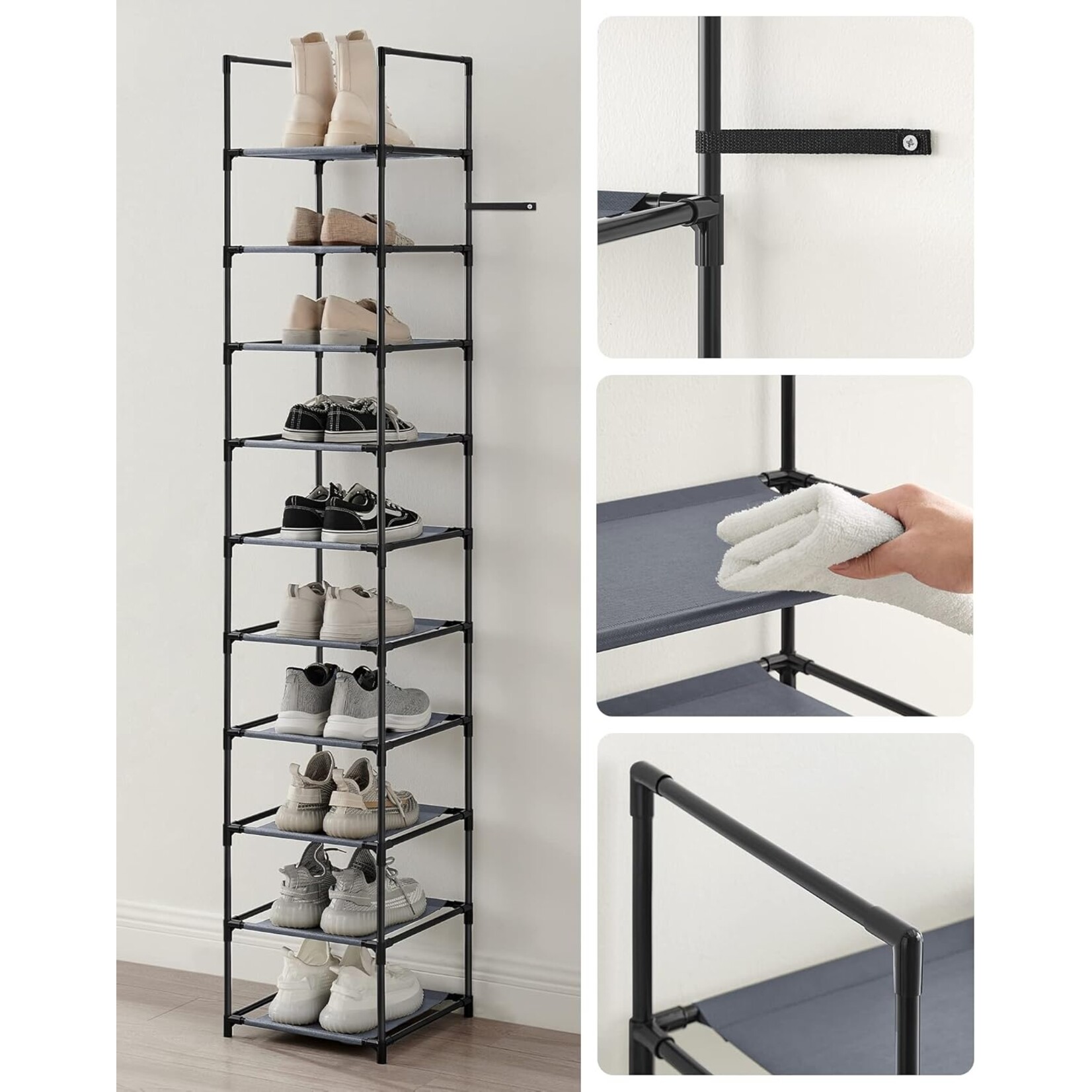 Parya Home Smal Schoenenrek – 10-laags schoenenopberger van metaal en vliesstof, 33 x 33 x 173 cm, grijs