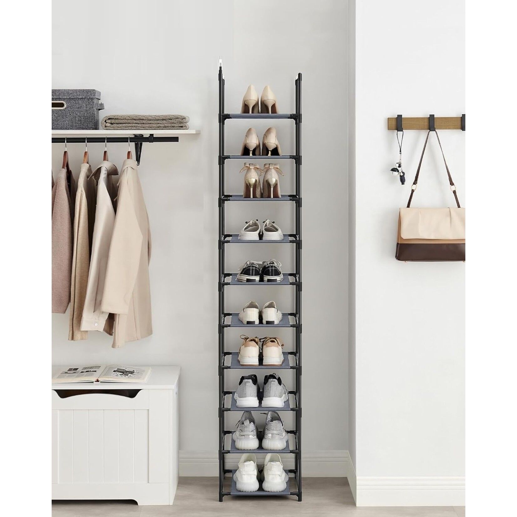 Parya Home Parya Home Narrow Shoe Rack – 10-tier shoe rack made of metal and non-woven fabric, 33 x 33 x 173 cm, gray