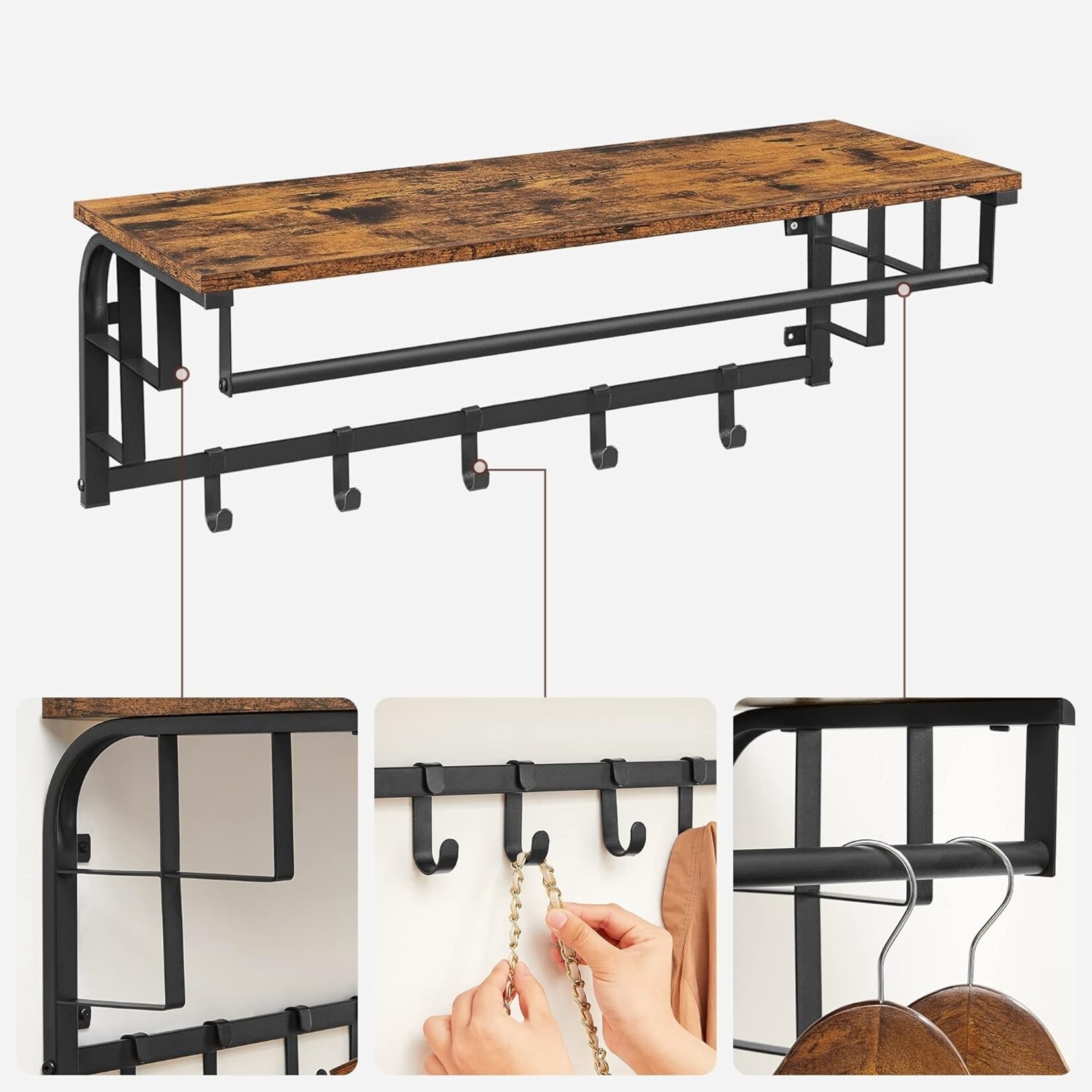 Parya Home Parya Home Wall Cabinet with Hooks – Wall shelf with 5 detachable hooks and hat shelf, 80 x 30 x 27 cm, walnut brown-black