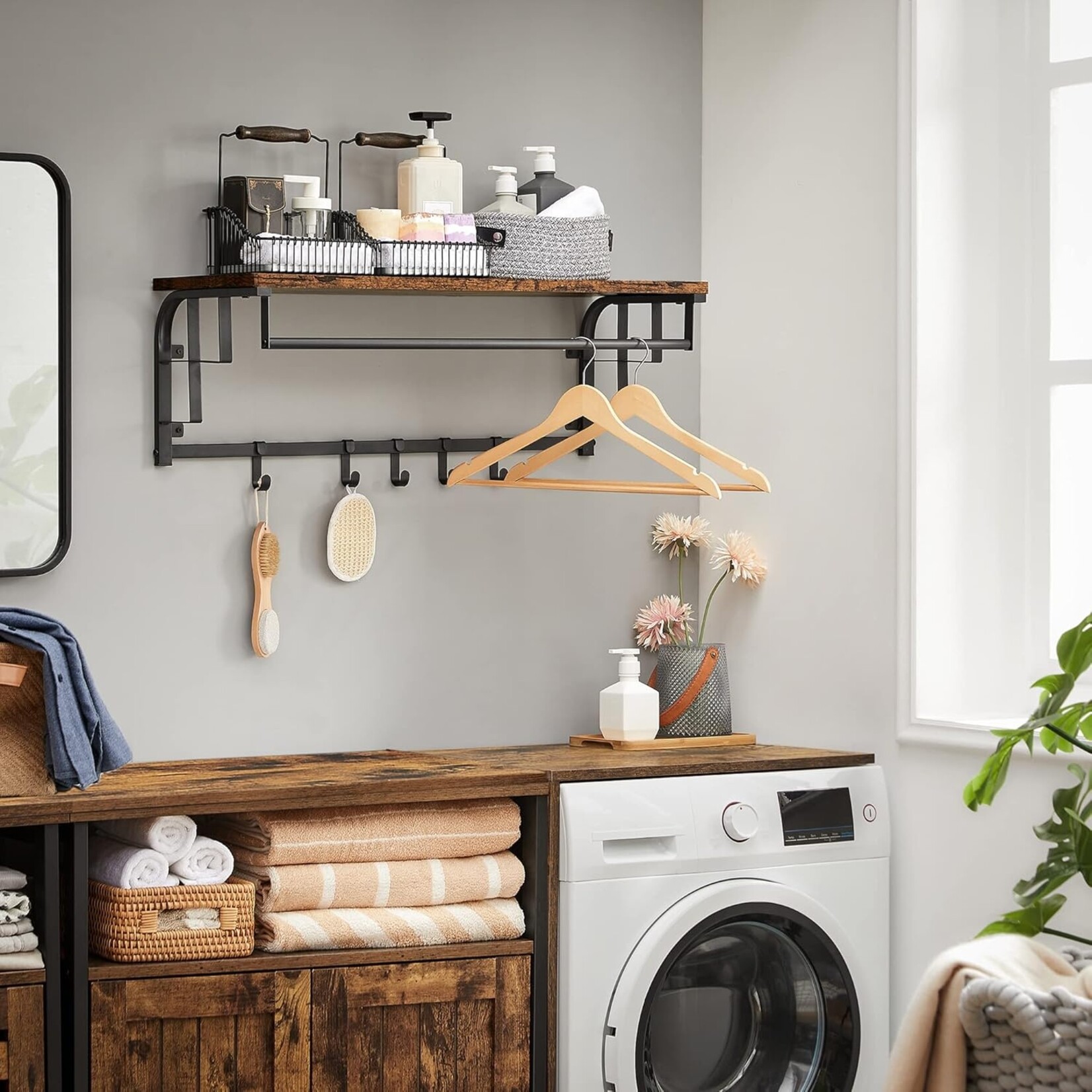 Parya Home Parya Home Wall Cabinet with Hooks – Wall shelf with 5 detachable hooks and hat shelf, 80 x 30 x 27 cm, walnut brown-black