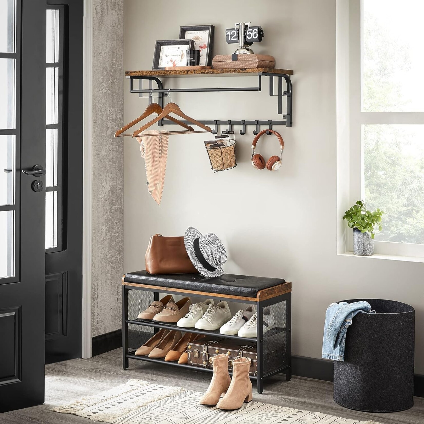 Parya Home Parya Home Wandkast met Haken – Wandplank met 5 afneembare haken en hoedenplank, 80 x 30 x 27 cm, walnoot bruin-zwart