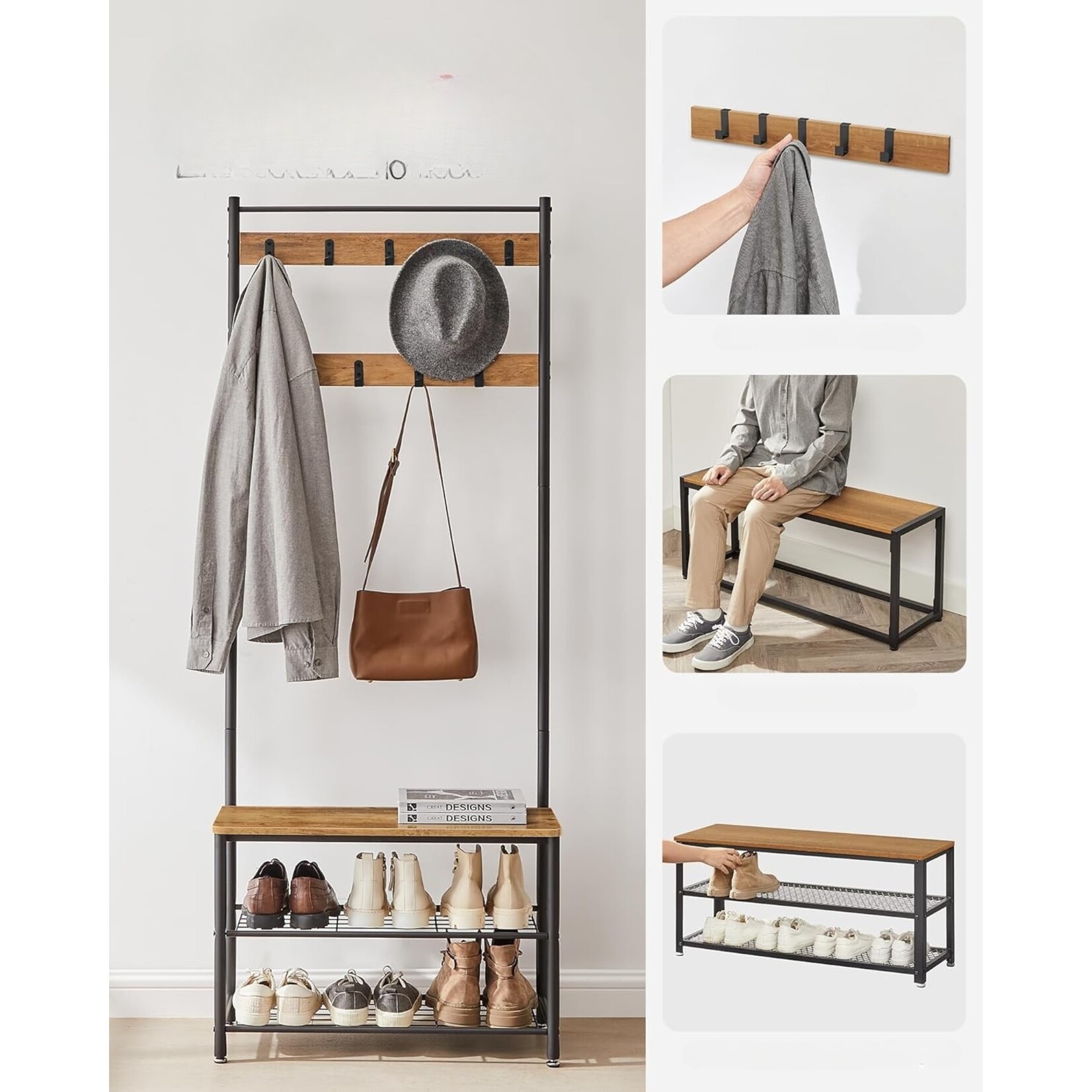 Parya Home Coat Rack with Bench - Coat rack with shoe rack, hooks and metal frame, industrial style, 175 cm high, walnut brown-black