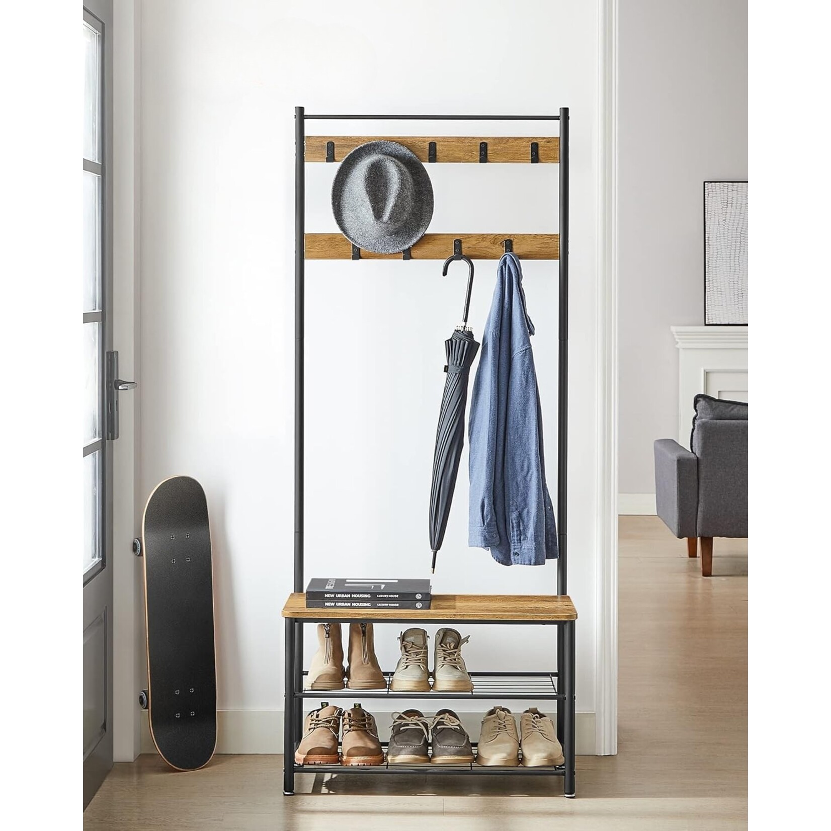 Parya Home Garderoberek met Bank – Kapstok met schoenenrek, haken en metalen frame, industriële stijl, 175 cm hoog, notenbruin-zwart