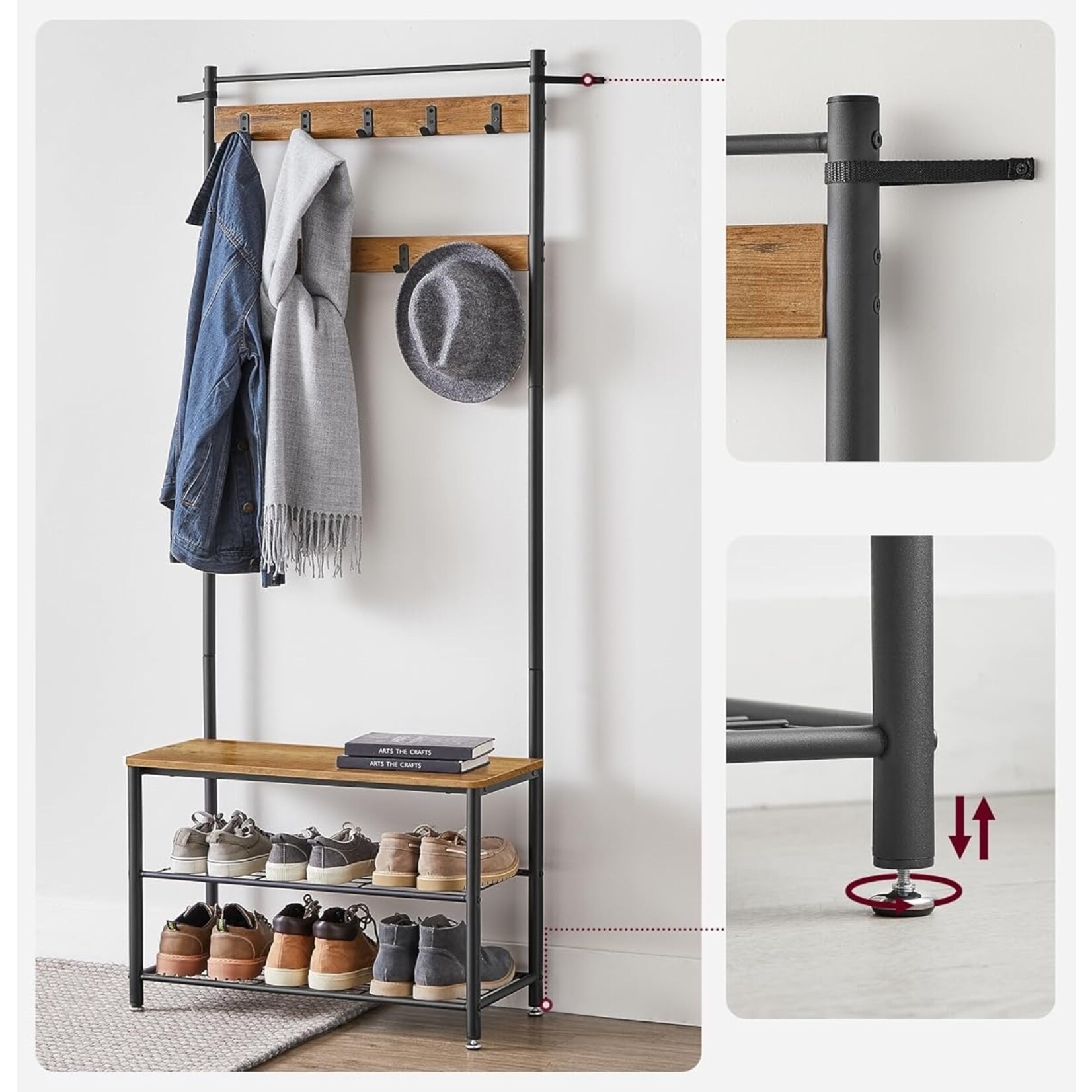 Parya Home Coat Rack with Bench - Coat rack with shoe rack, hooks and metal frame, industrial style, 175 cm high, walnut brown-black