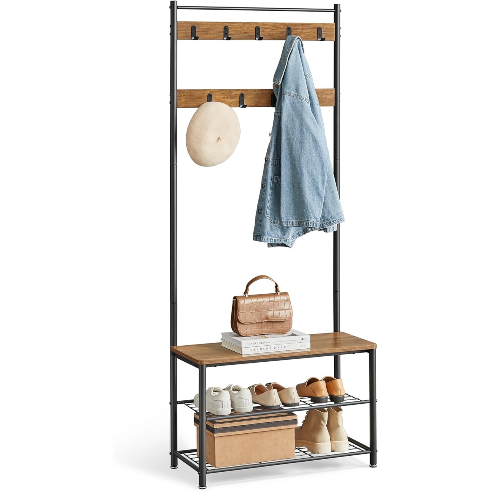Parya Home Garderoberek met Bank – Kapstok met schoenenrek, haken en metalen frame, industriële stijl, 175 cm hoog, notenbruin-zwart