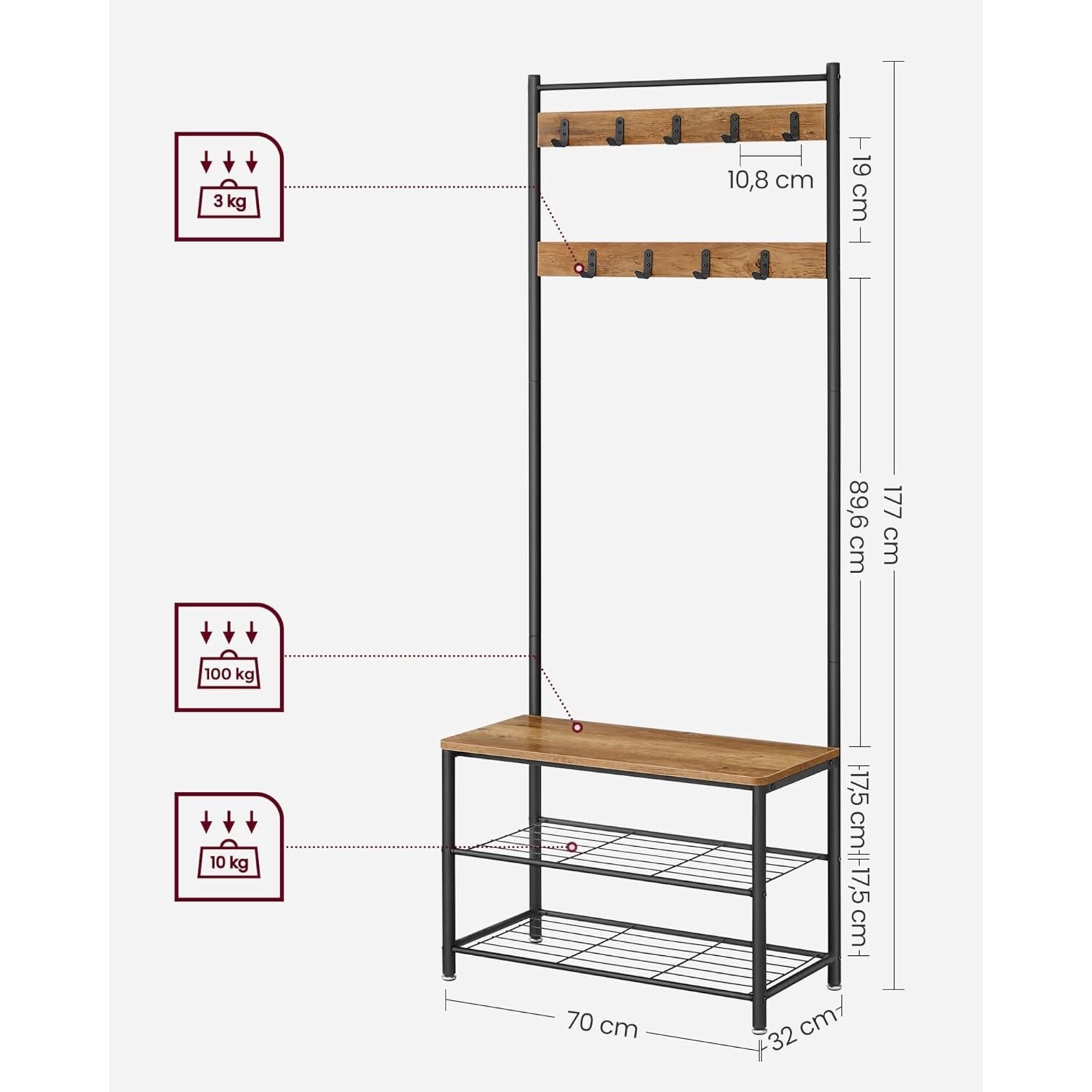 Parya Home Garderoberek met Bank – Kapstok met schoenenrek, haken en metalen frame, industriële stijl, 175 cm hoog, notenbruin-zwart