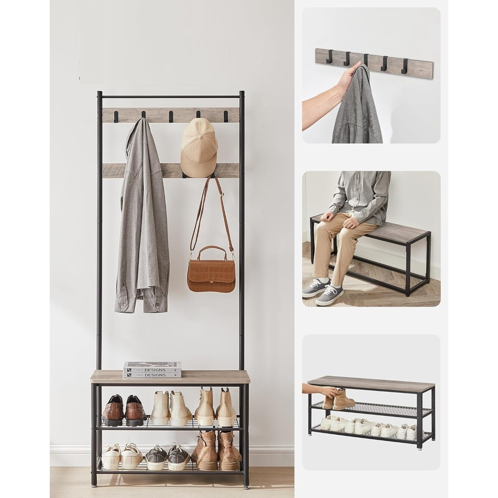 Parya Home 3-in-1 Kapstok met Schoenenrek – Entreekast met bankje en stalen frame, industriële stijl, 32 x 70 x 175 cm, grijs-zwart