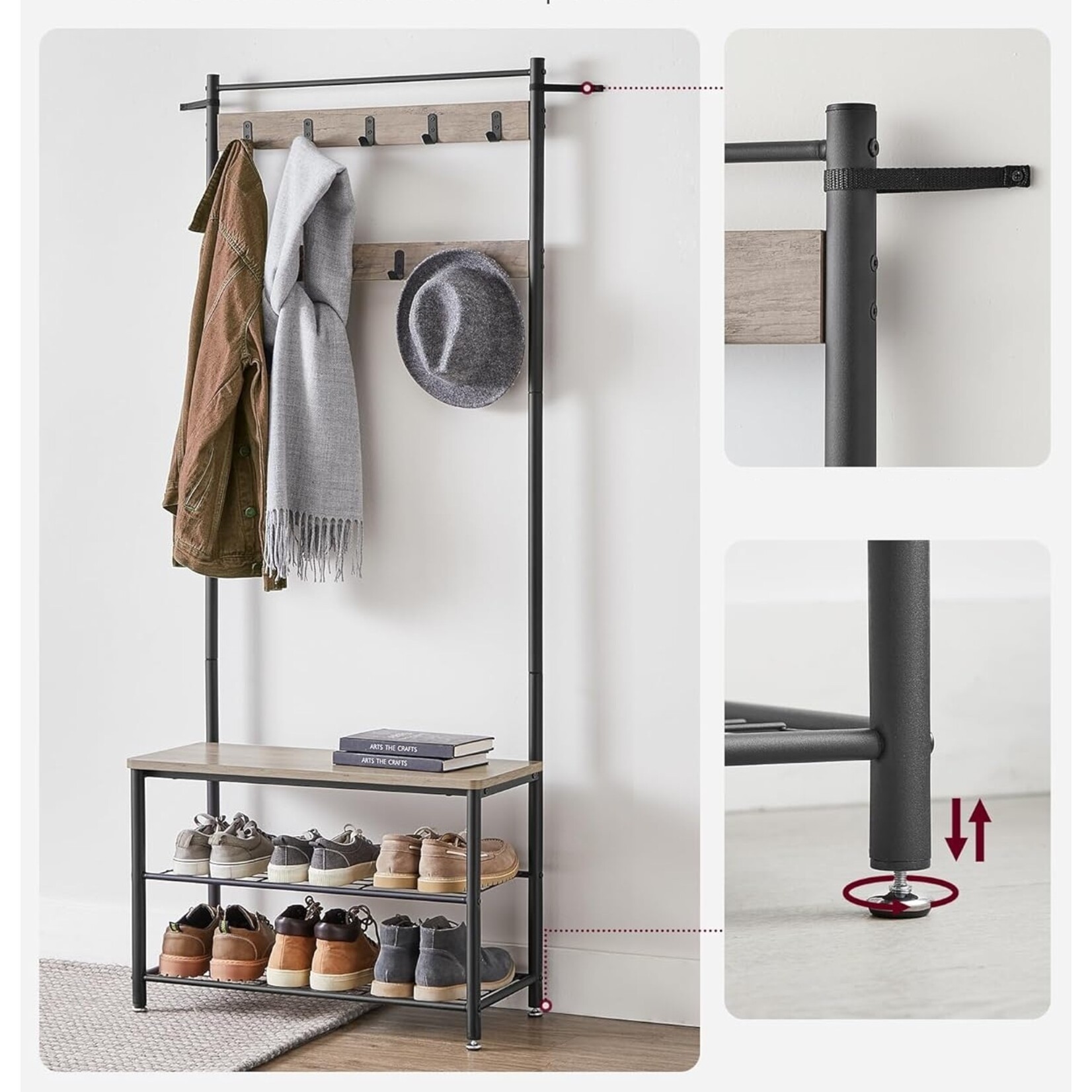 Parya Home 3-in-1 Kapstok met Schoenenrek – Entreekast met bankje en stalen frame, industriële stijl, 32 x 70 x 175 cm, grijs-zwart