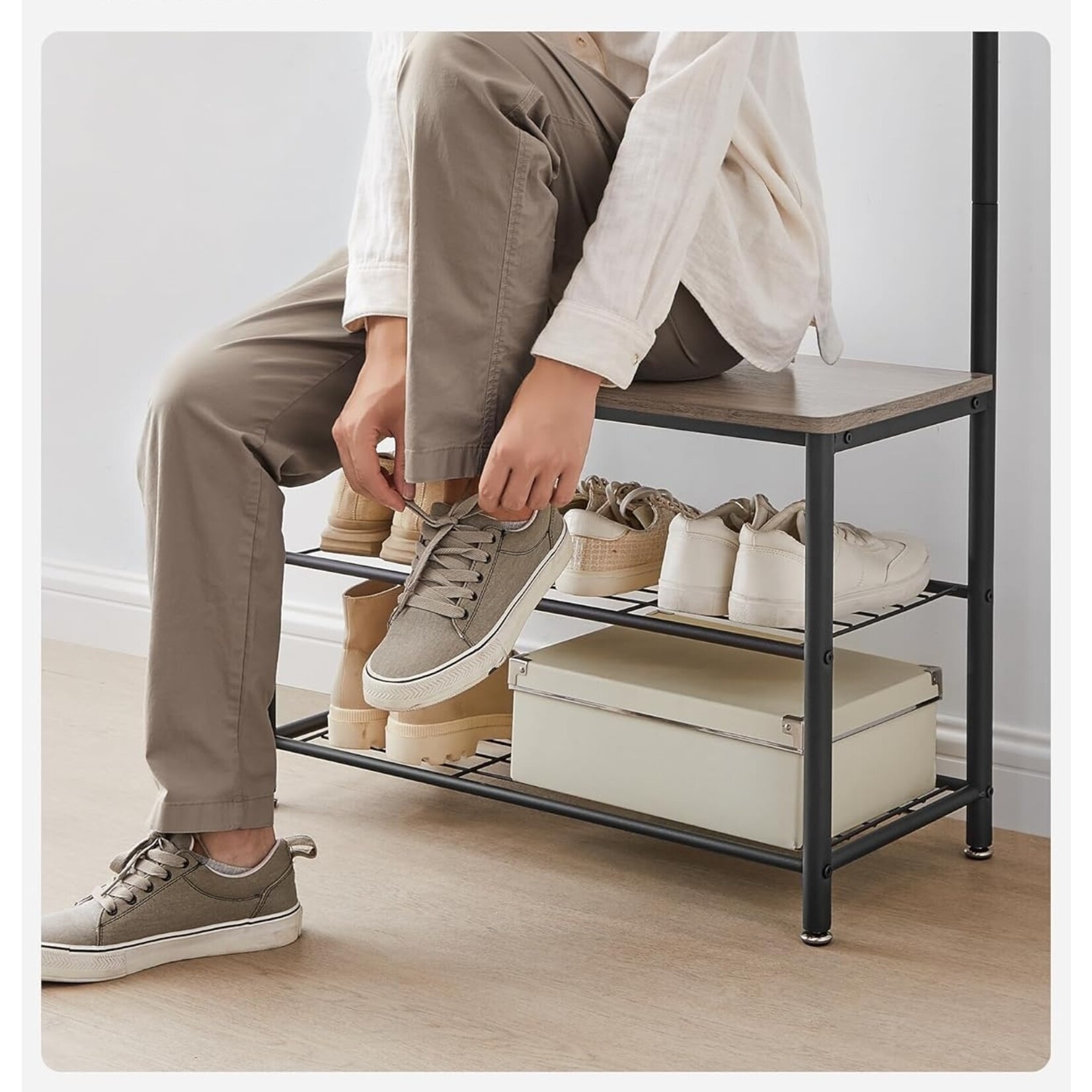 Parya Home Parya Home 3-in-1 Coat Rack with Shoe Rack - Hallway cabinet with bench and steel frame, industrial style, 32 x 70 x 175 cm, gray-black