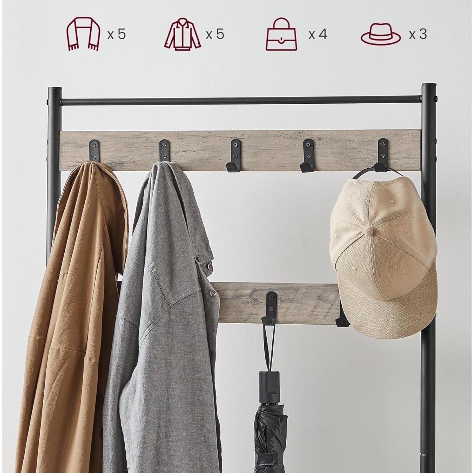 Parya Home 3-in-1 Kapstok met Schoenenrek – Entreekast met bankje en stalen frame, industriële stijl, 32 x 70 x 175 cm, grijs-zwart