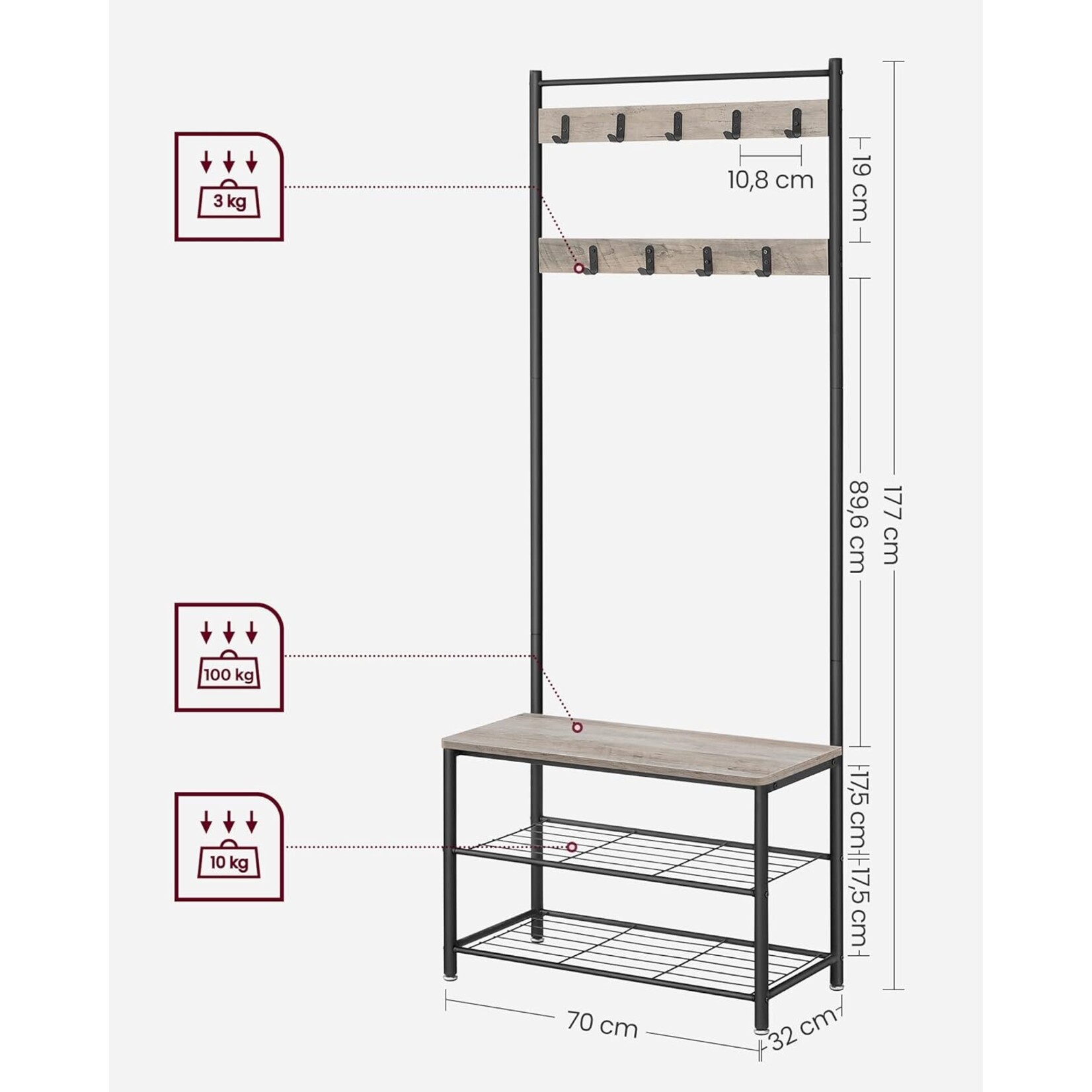 Parya Home 3-in-1 Kapstok met Schoenenrek – Entreekast met bankje en stalen frame, industriële stijl, 32 x 70 x 175 cm, grijs-zwart