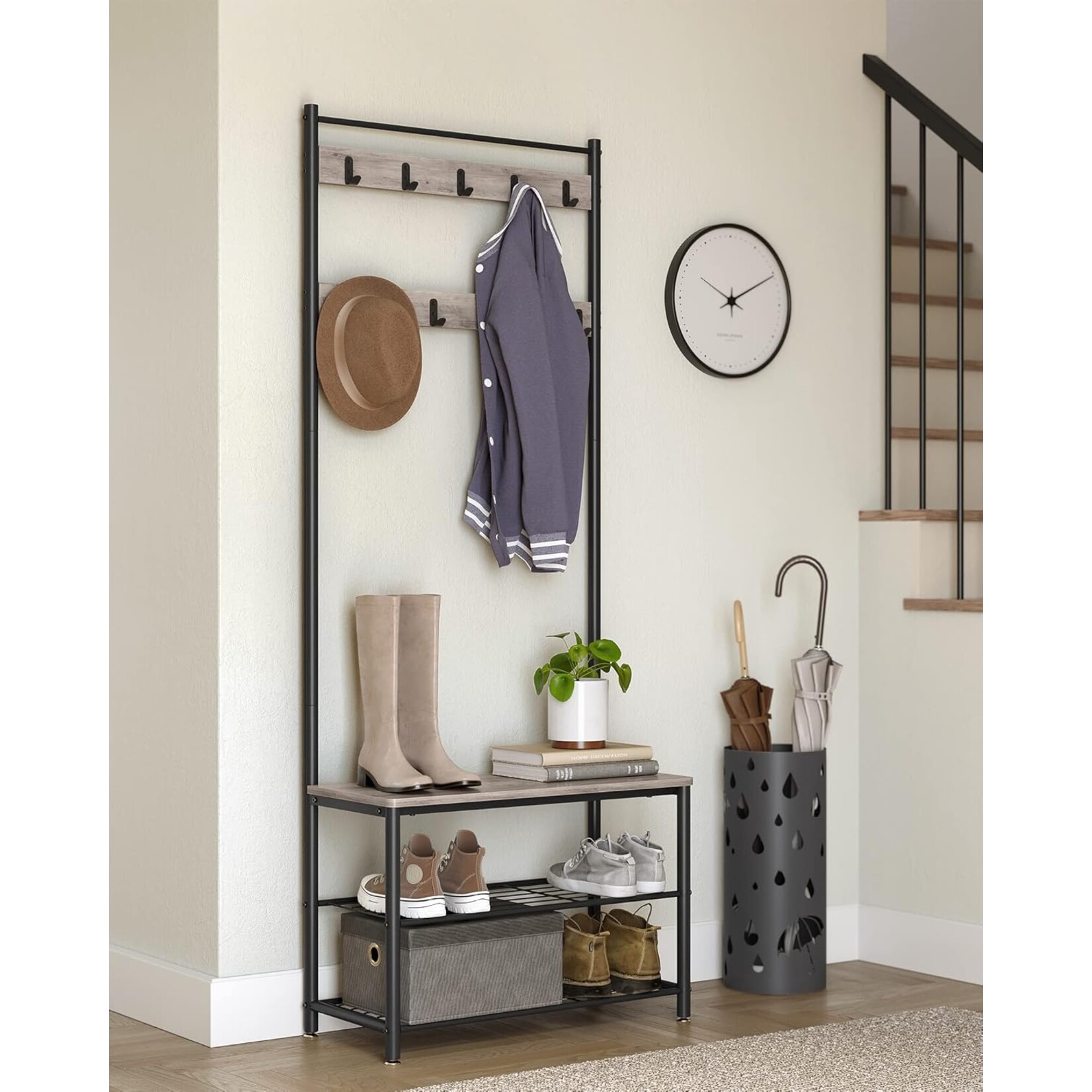 Parya Home 3-in-1 Kapstok met Schoenenrek – Entreekast met bankje en stalen frame, industriële stijl, 32 x 70 x 175 cm, grijs-zwart