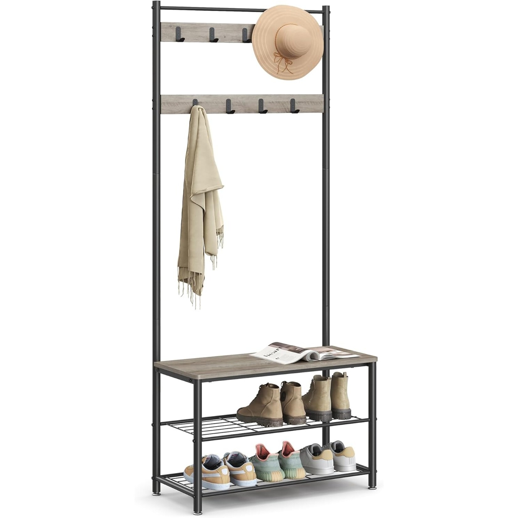 Parya Home 3-in-1 Coat Rack with Shoe Rack - Hallway cabinet with bench and steel frame, industrial style, 32 x 70 x 175 cm, gray-black