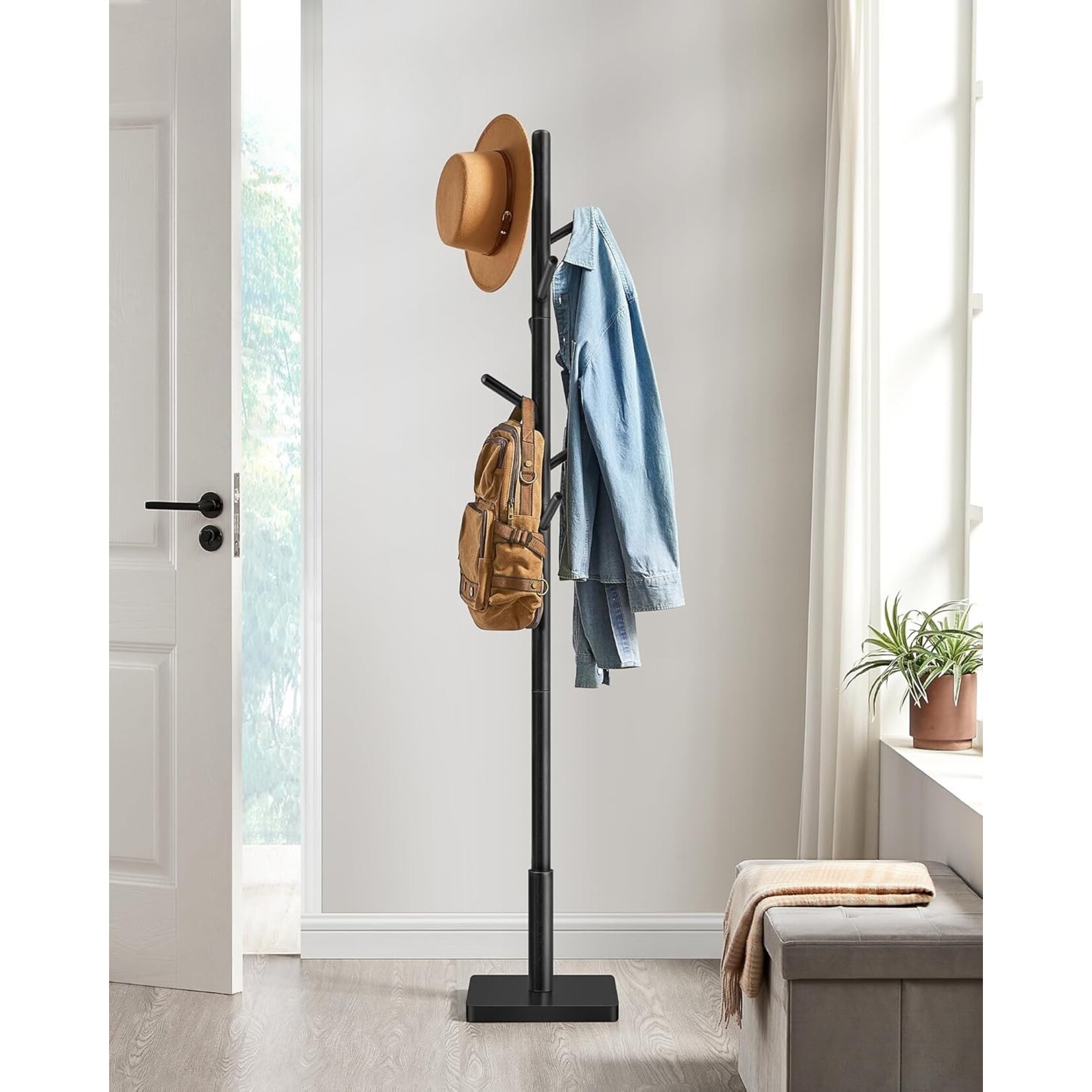 Parya Home Parya Home Solid Wooden Coat Rack – Tree-shaped coat stand with 8 hooks, rubberwood frame, ink black