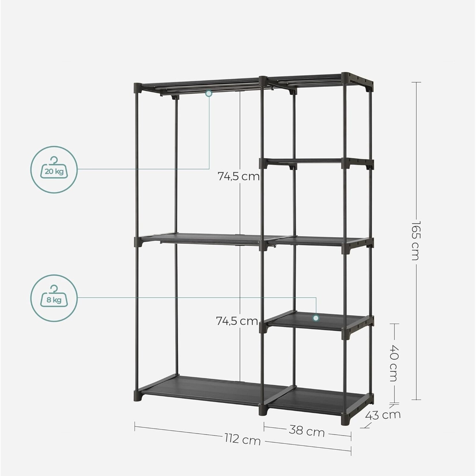 Parya Home Stable Clothes Rack – Freestanding, foldable with clothes rods, ideal for dressing room or bedroom, 112 x 43 x 165 cm, black
