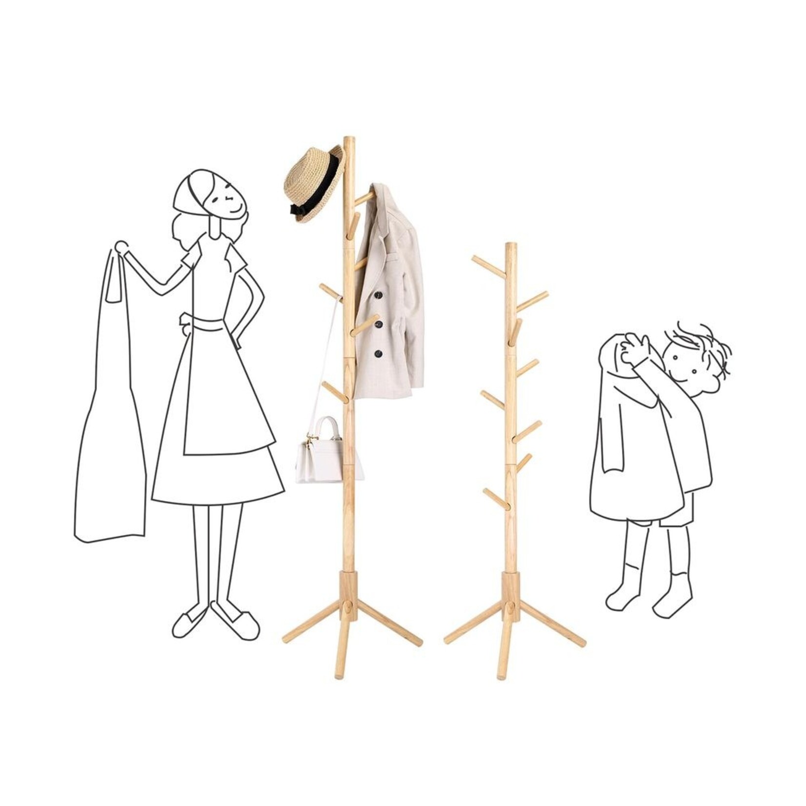 Parya Home Parya Home Solid Wood Coat Rack - Tree-shaped clothes rack with 8 hooks and 3 adjustable heights, natural wood