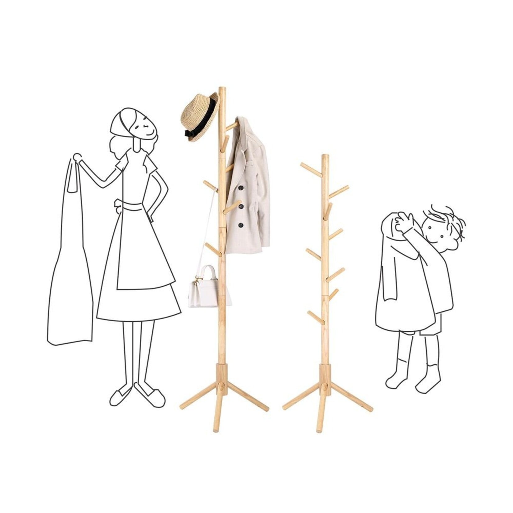 Parya Home Solid Wood Coat Rack - Tree-shaped clothes rack with 8 hooks and 3 adjustable heights, natural wood