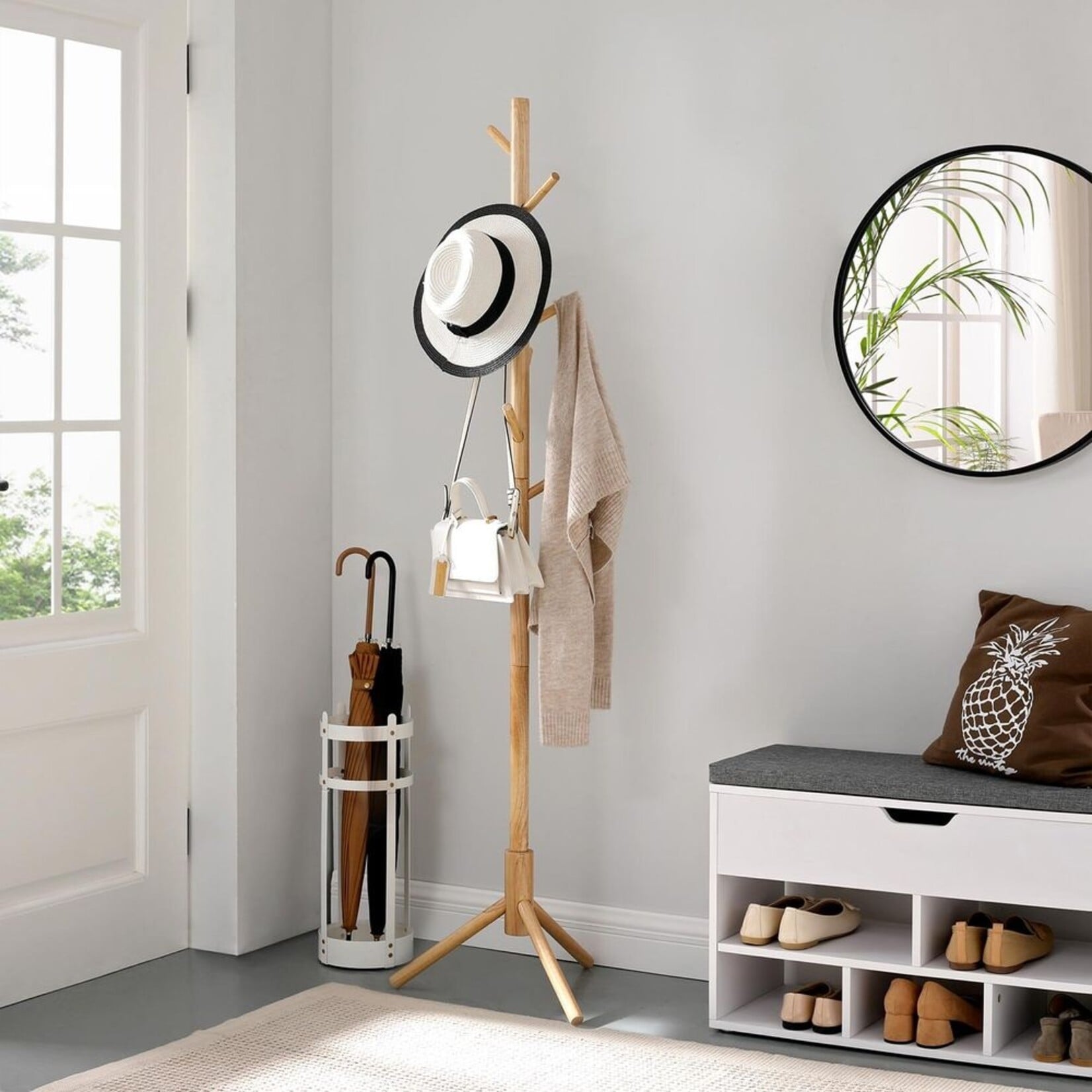 Parya Home Solid Wood Coat Rack - Tree-shaped clothes rack with 8 hooks and 3 adjustable heights, natural wood