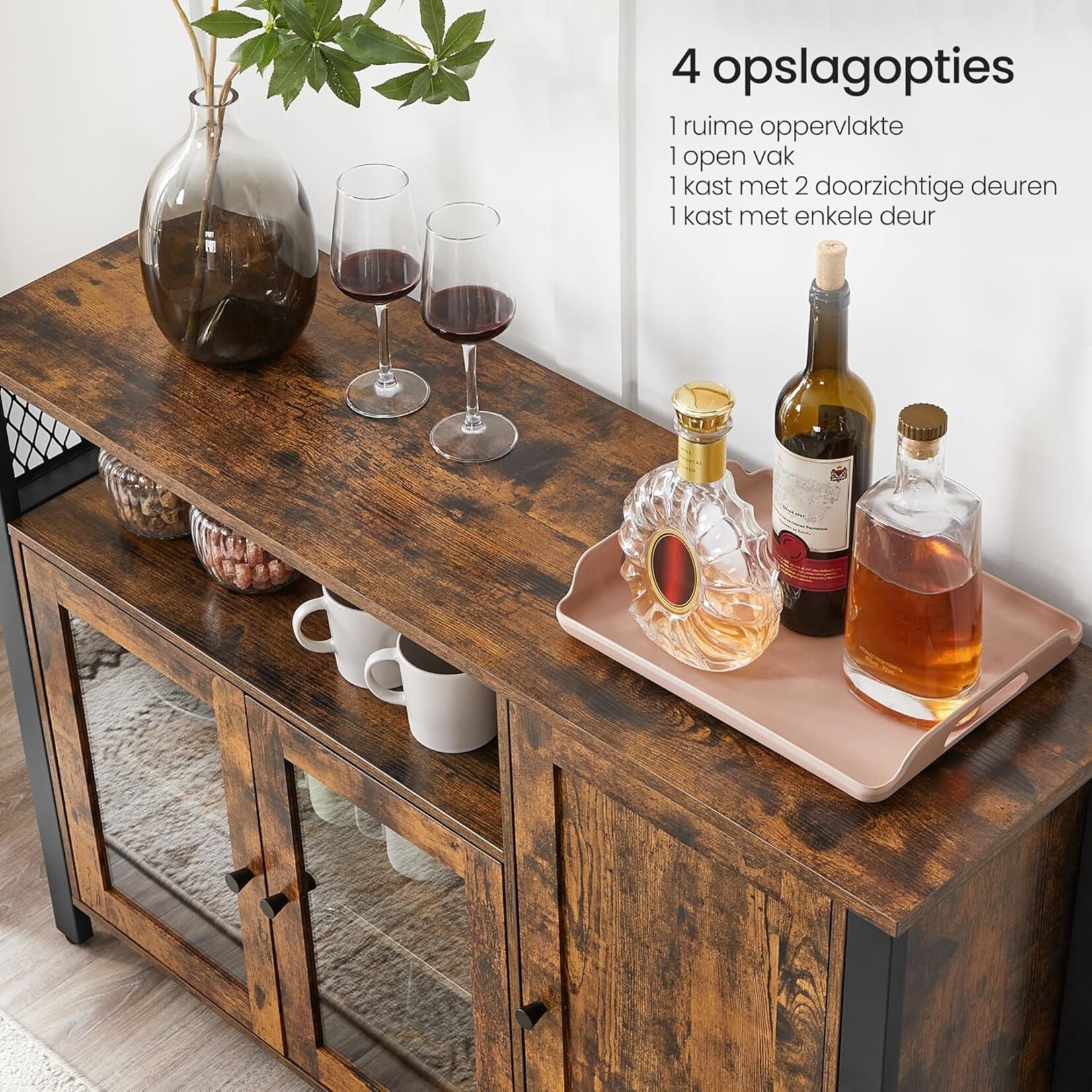 Parya Home Industrial Dresser - Kitchen cabinet with 3 doors, ideal for living room, kitchen or dining room, 110 x 33 x 75 cm, vintage brown-black