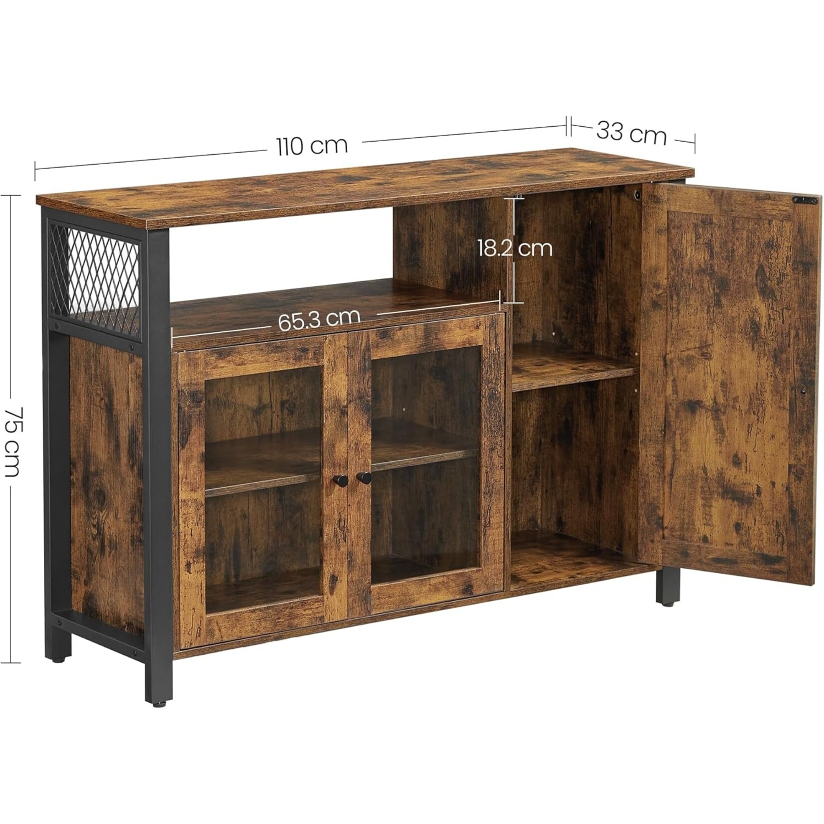 Parya Home Industrial Dresser - Kitchen cabinet with 3 doors, ideal for living room, kitchen or dining room, 110 x 33 x 75 cm, vintage brown-black