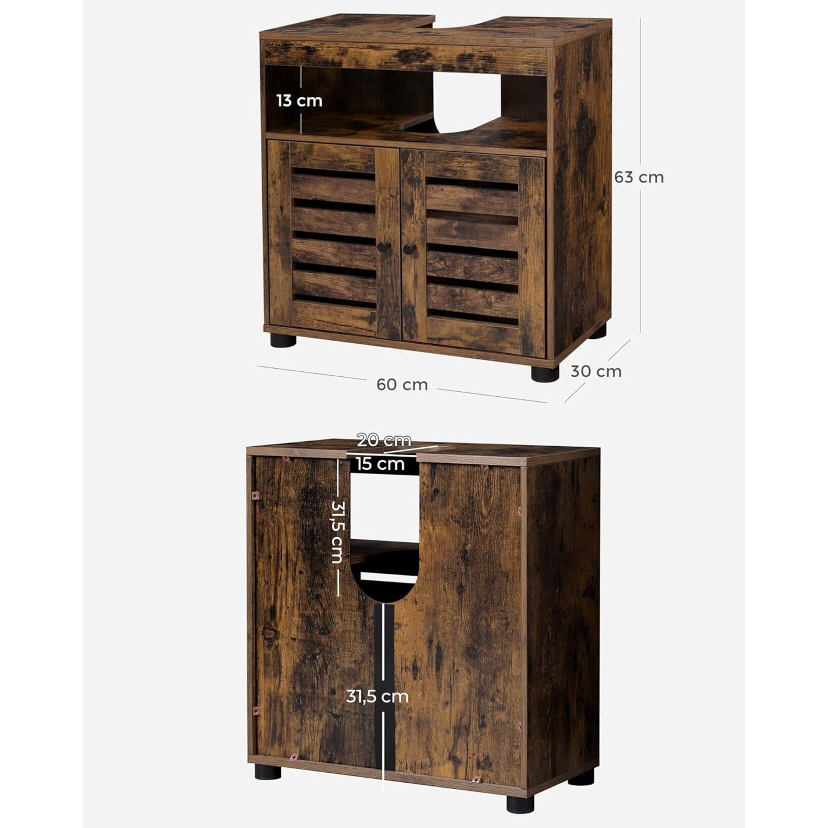 Parya Home Vintage Wastafelmeubel – Badkamerkast met 2 lamellendeuren en verstelbare plank, 60 x 30 x 63 cm, rustiek bruin