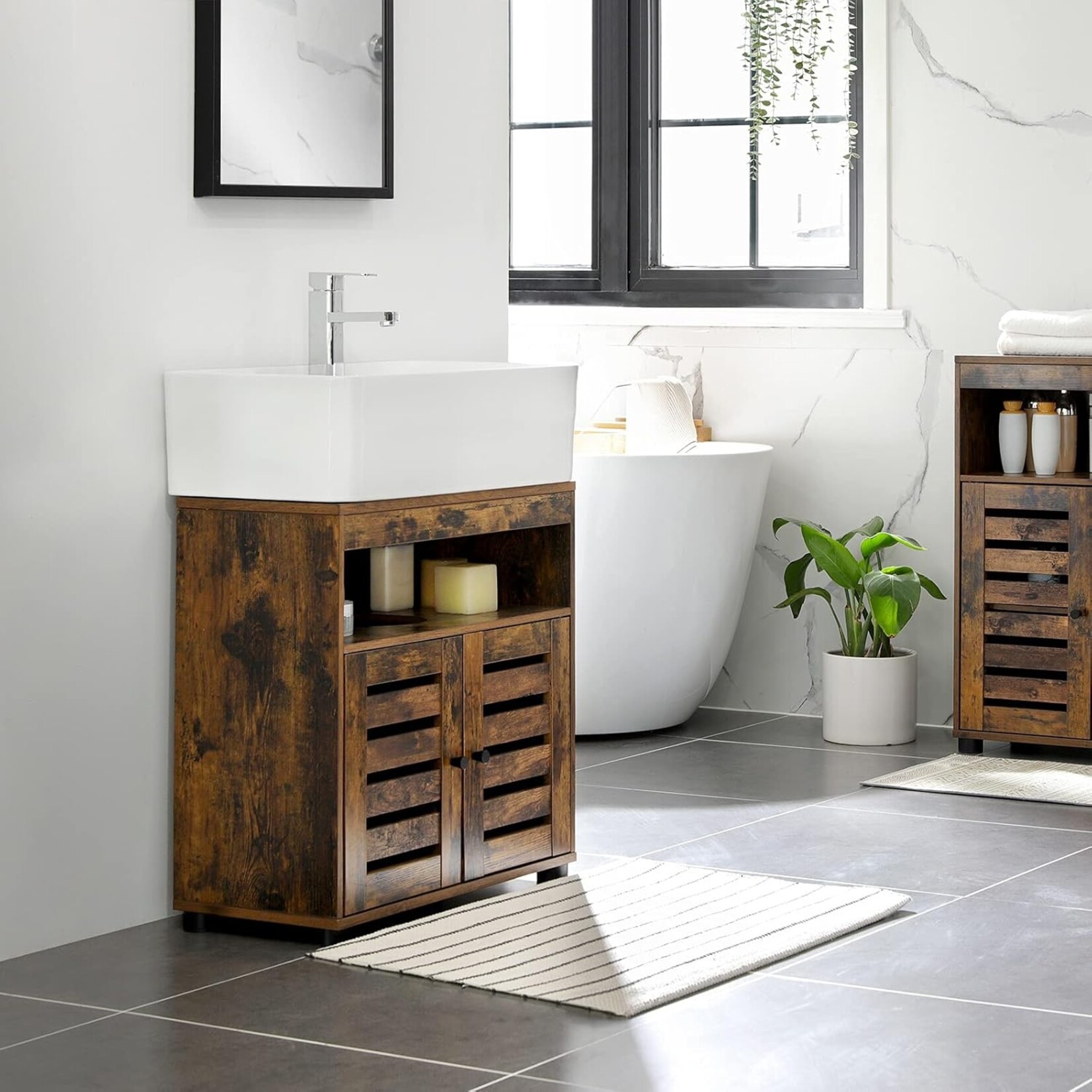 Parya Home Vintage Wastafelmeubel – Badkamerkast met 2 lamellendeuren en verstelbare plank, 60 x 30 x 63 cm, rustiek bruin