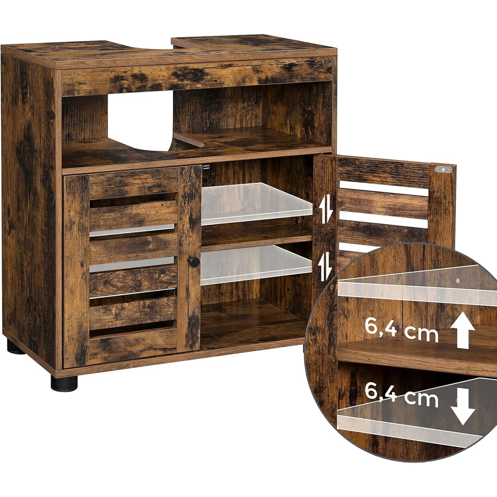 Parya Home Vintage Wastafelmeubel – Badkamerkast met 2 lamellendeuren en verstelbare plank, 60 x 30 x 63 cm, rustiek bruin