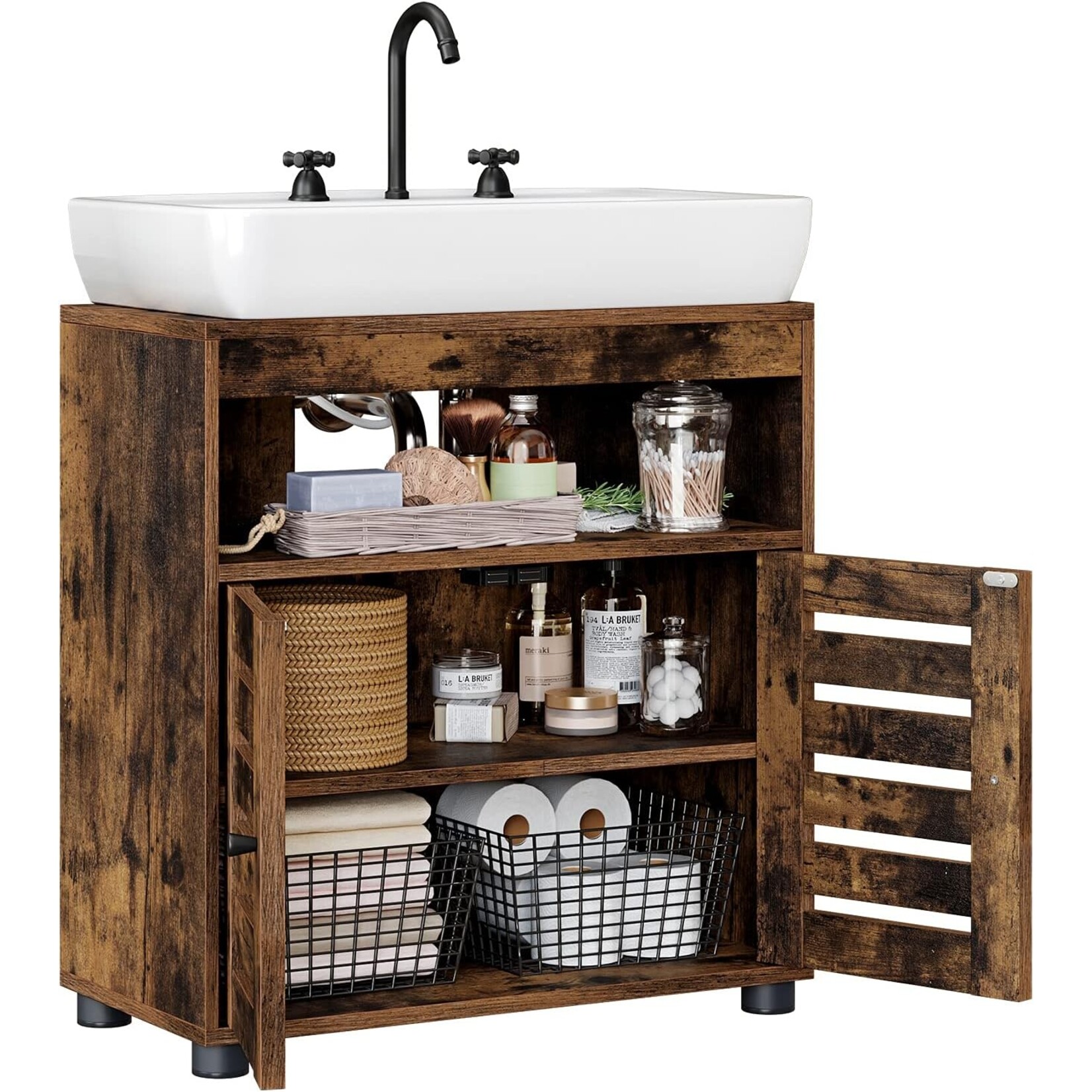 Parya Home Vintage Wastafelmeubel – Badkamerkast met 2 lamellendeuren en verstelbare plank, 60 x 30 x 63 cm, rustiek bruin