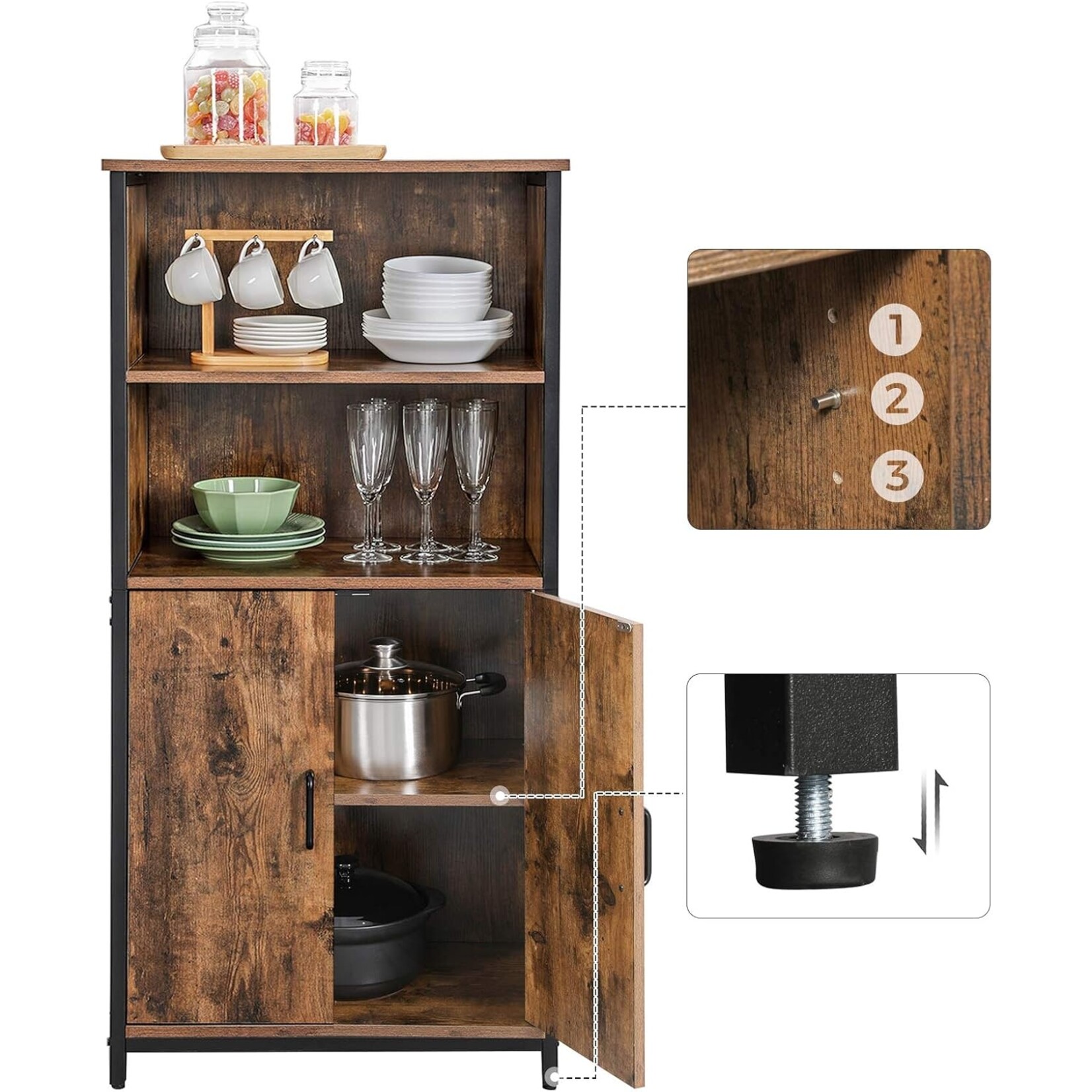 Parya Home Parya Home Multifunctional Bookcase - Cabinet with 2 open compartments and adjustable shelf, industrial design, vintage brown-black