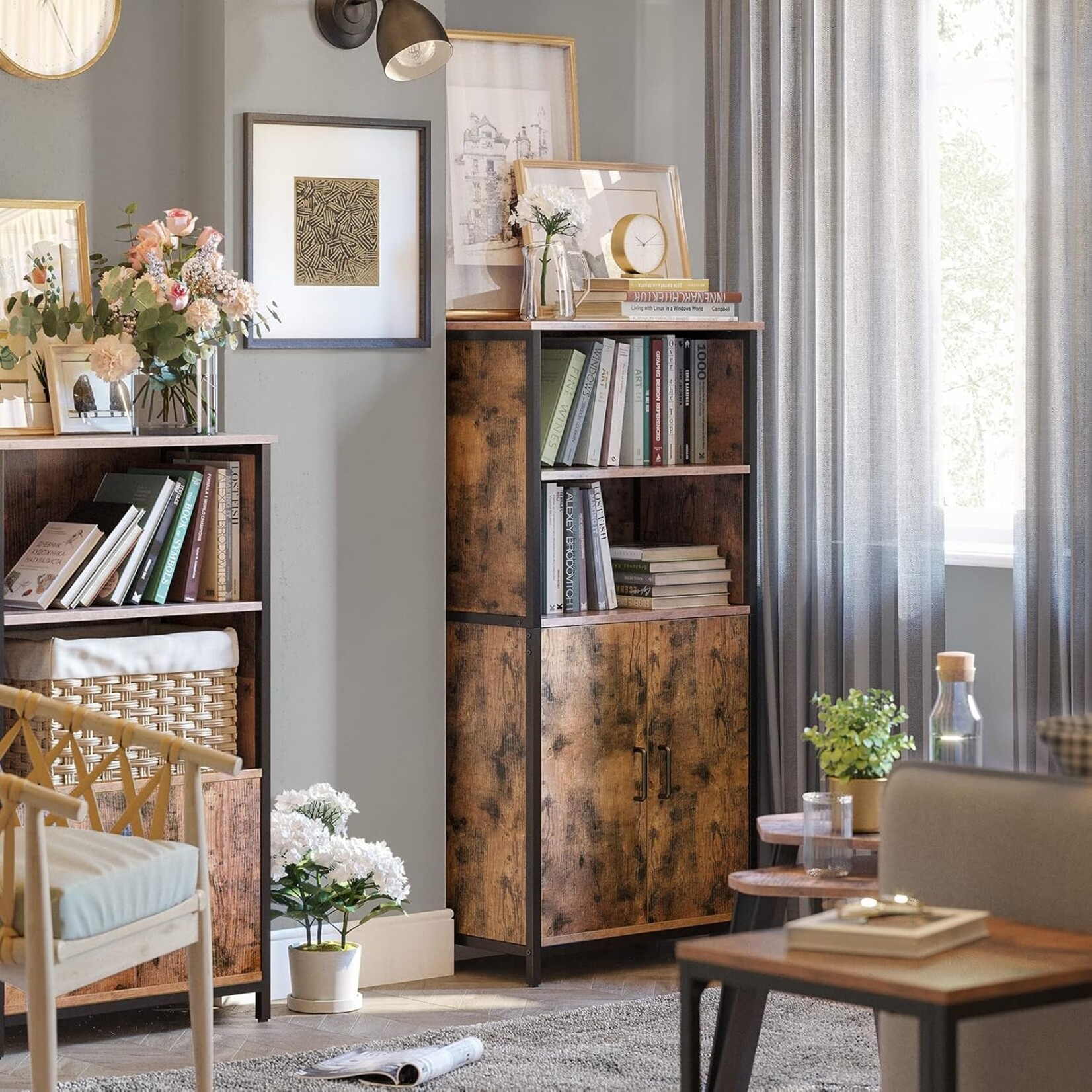 Parya Home Parya Home Multifunctionele Boekenkast – Staande kast met 2 open vakken en verstelbare plank, industrieel design, vintage bruin-zwart