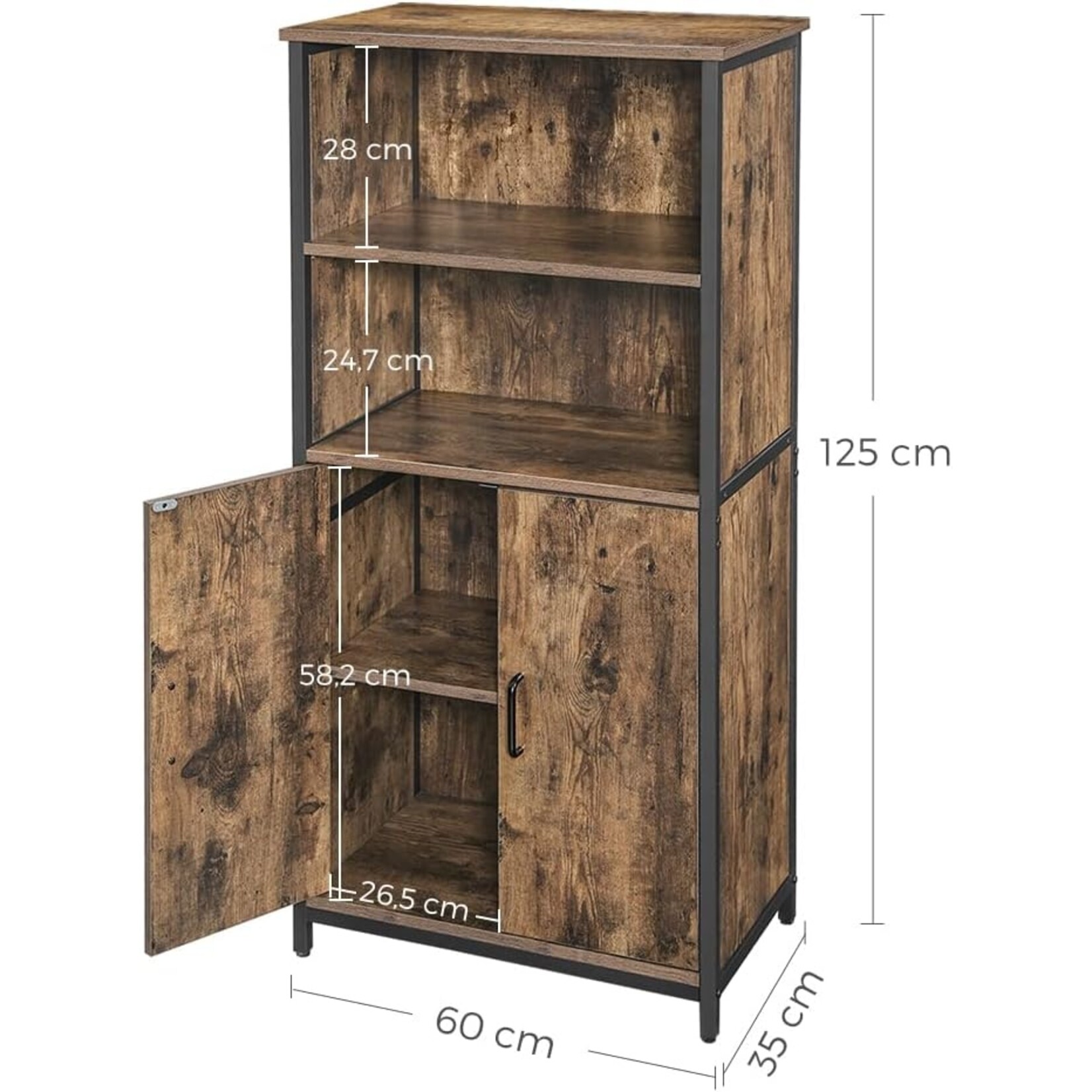 Parya Home Multifunctionele Boekenkast – Staande kast met 2 open vakken en verstelbare plank, industrieel design, vintage bruin-zwart