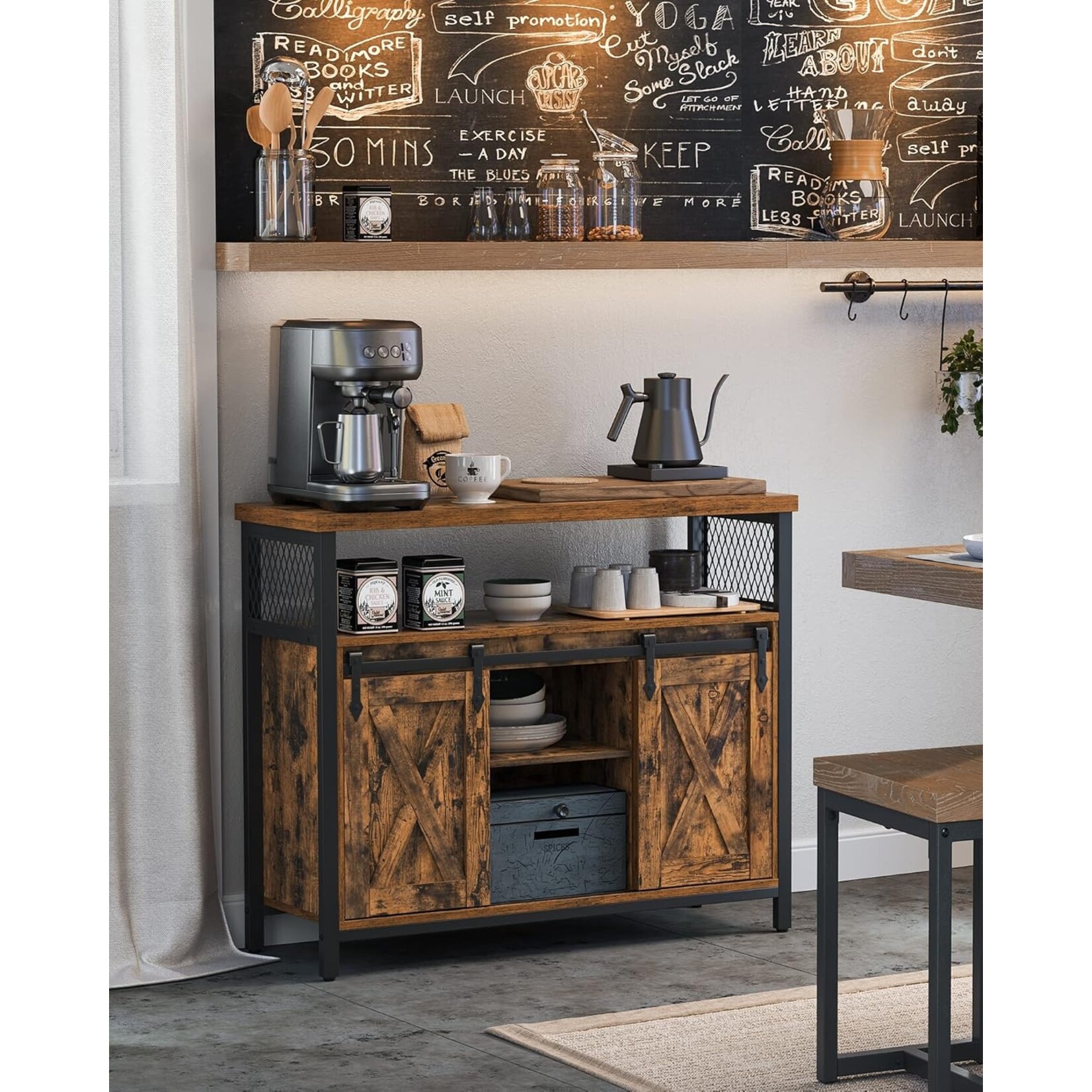 Parya Home Parya Home Industrial Sideboard – Kitchen cabinet with 2 sliding doors and adjustable shelf, vintage brown-black