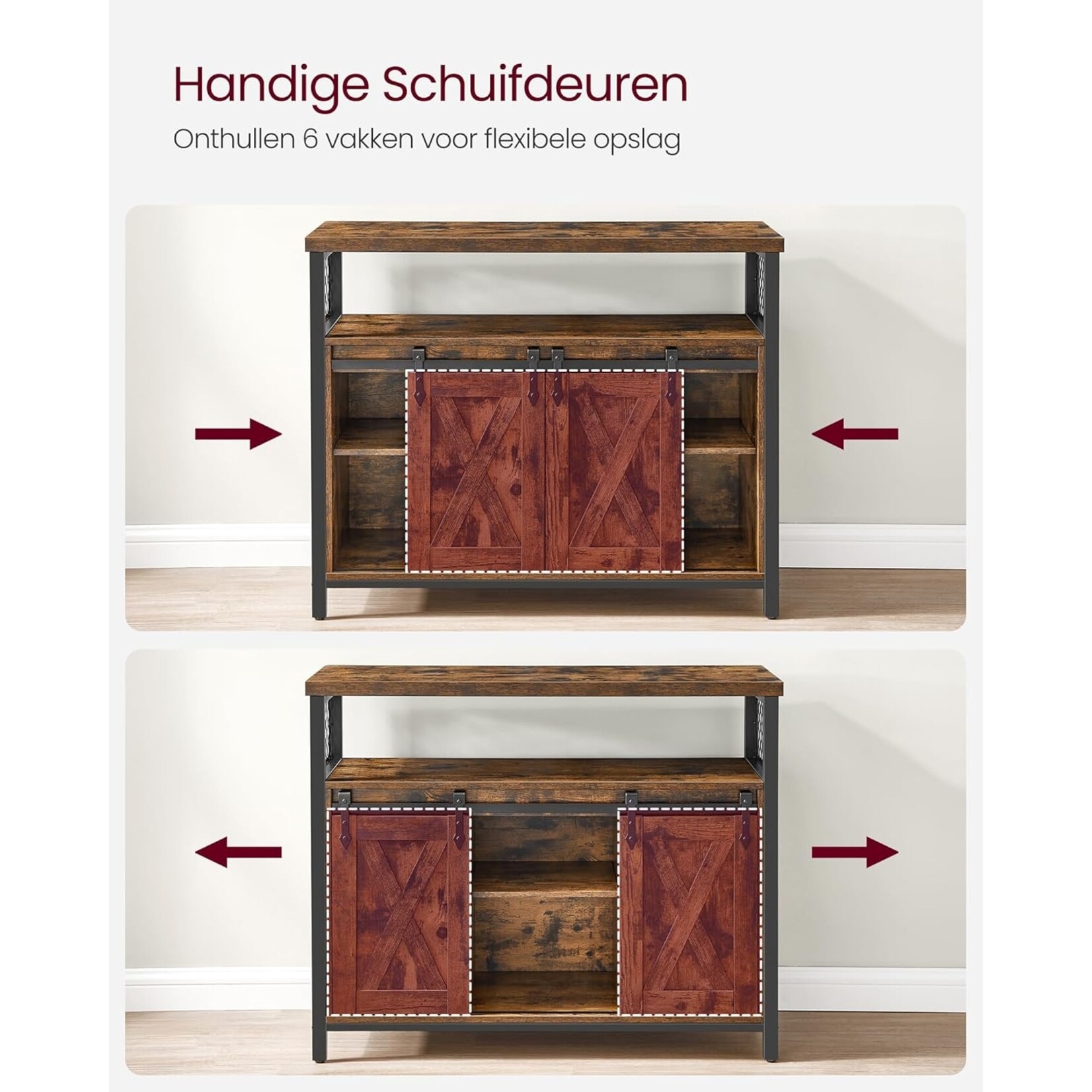 Parya Home Industrieel tv meubel– Keukenkastje met 2 schuifdeuren en verstelbare plank, vintage bruin-zwart