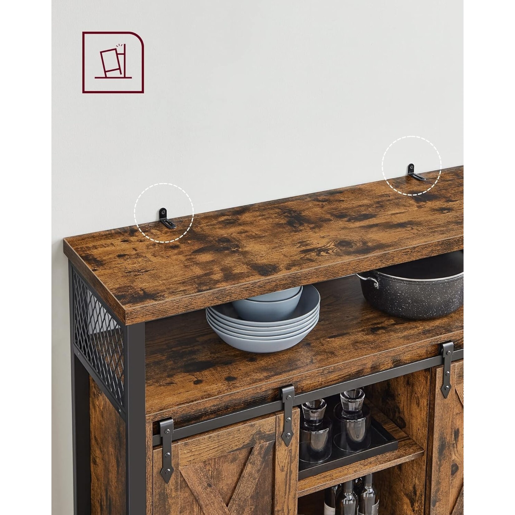 Parya Home Parya Home Industrial Sideboard – Kitchen cabinet with 2 sliding doors and adjustable shelf, vintage brown-black