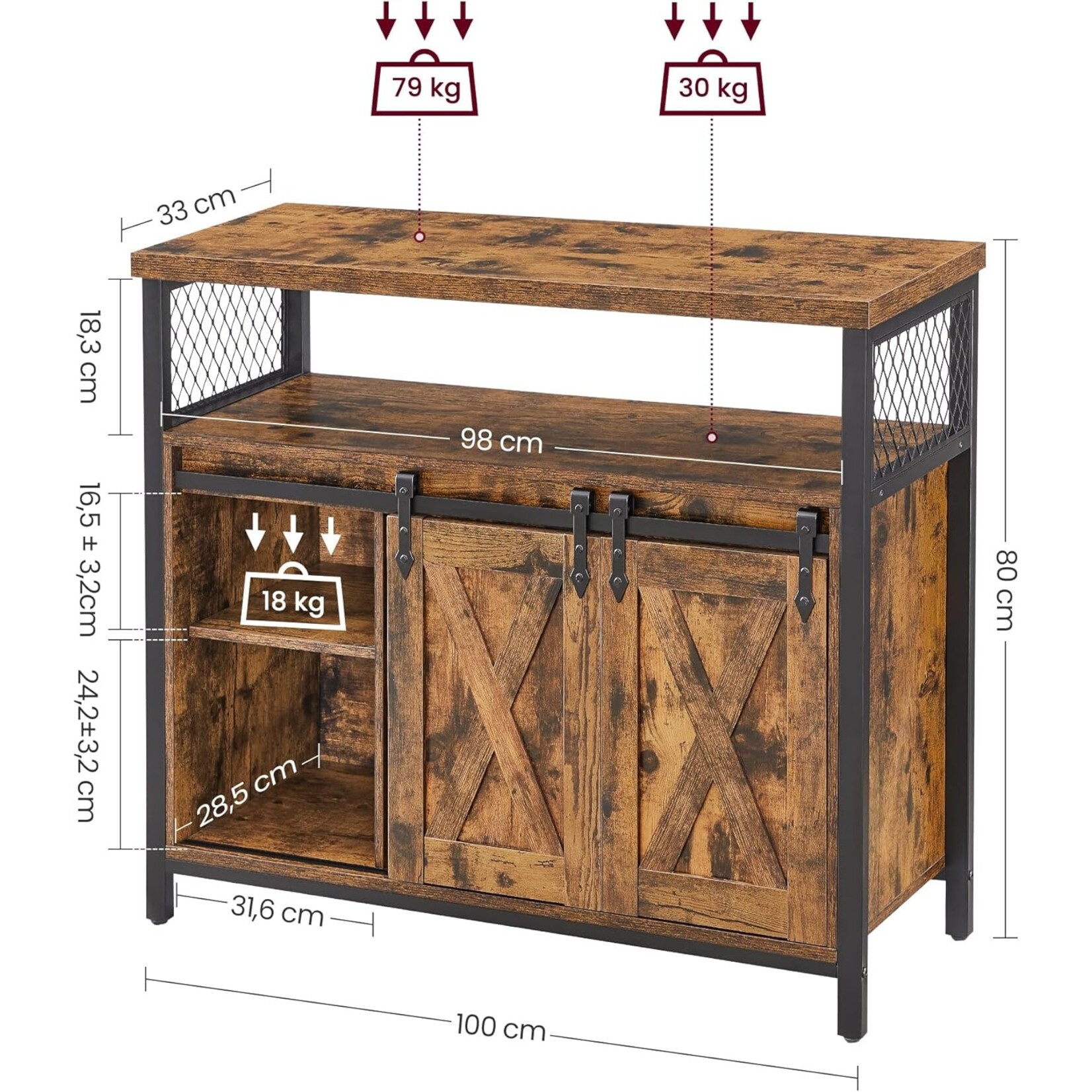 Parya Home Industrial Sideboard – Kitchen cabinet with 2 sliding doors and adjustable shelf, vintage brown-black