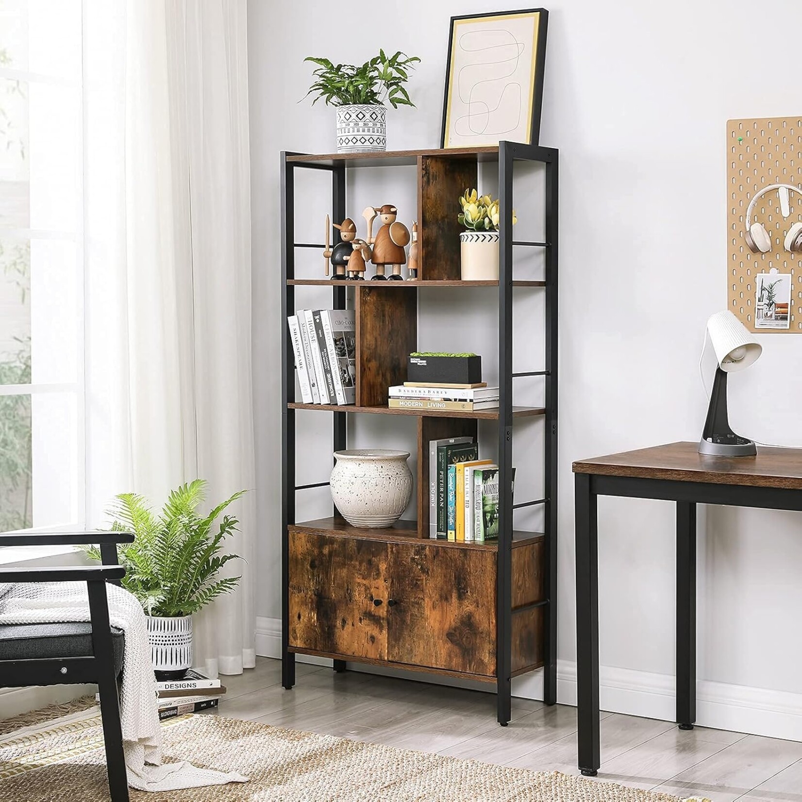 Parya Home Industriële Boekenkast – Staande kast met 4 open legplanken, stevig stalen frame, vintage bruin-zwart