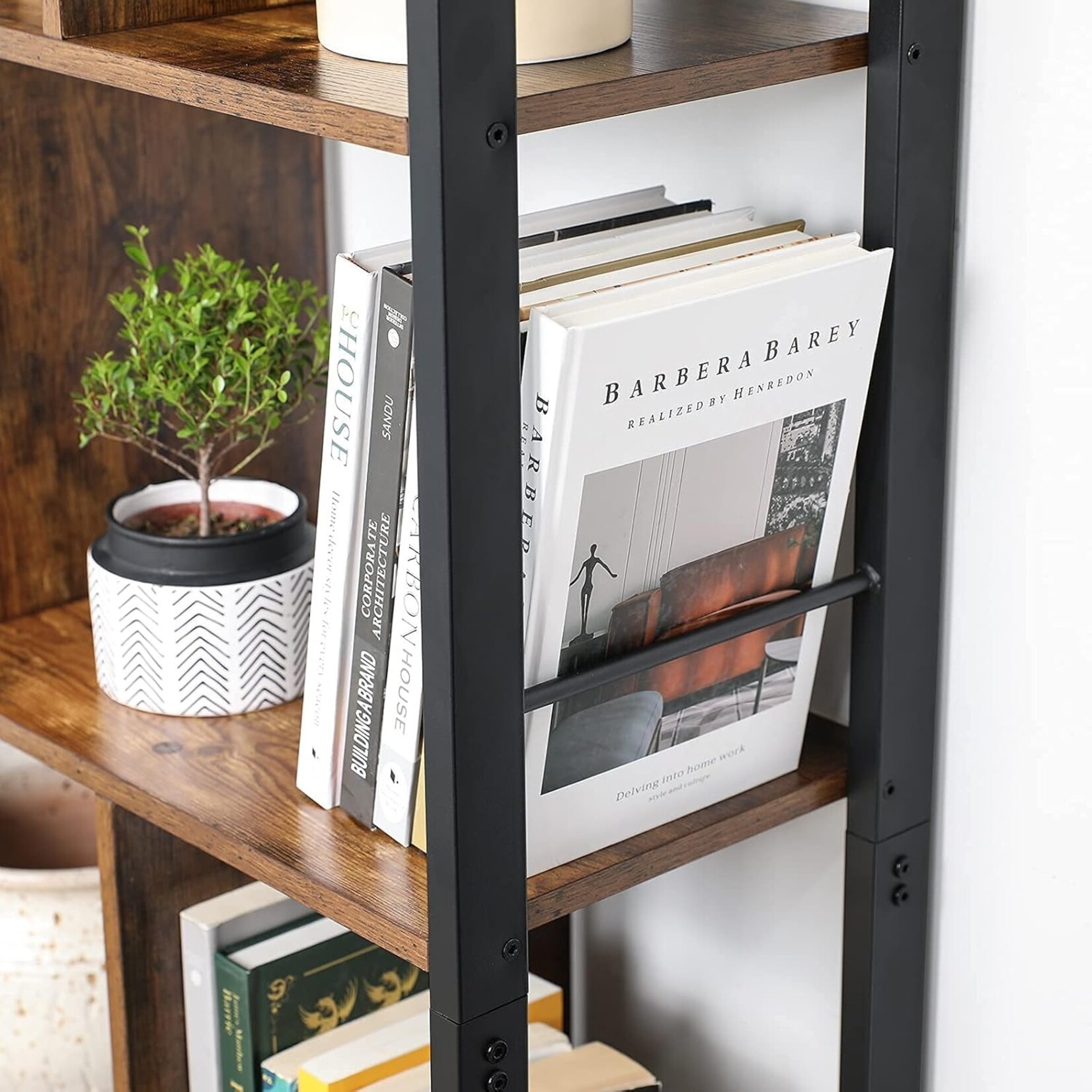 Parya Home Industriële Boekenkast – Staande kast met 4 open legplanken, stevig stalen frame, vintage bruin-zwart