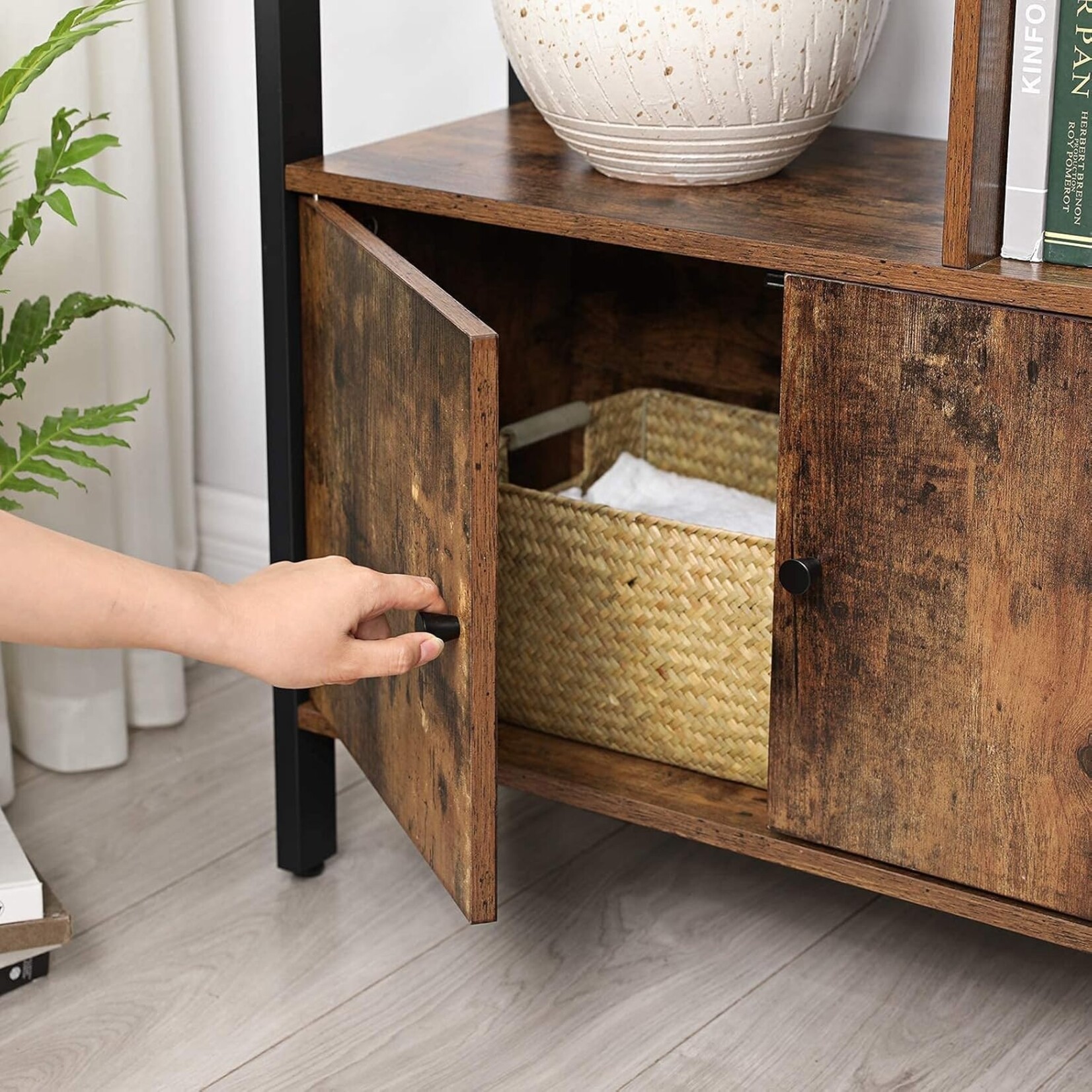 Parya Home Industrial Bookcase – Floor-standing cabinet with 4 open shelves, sturdy steel frame, vintage brown-black