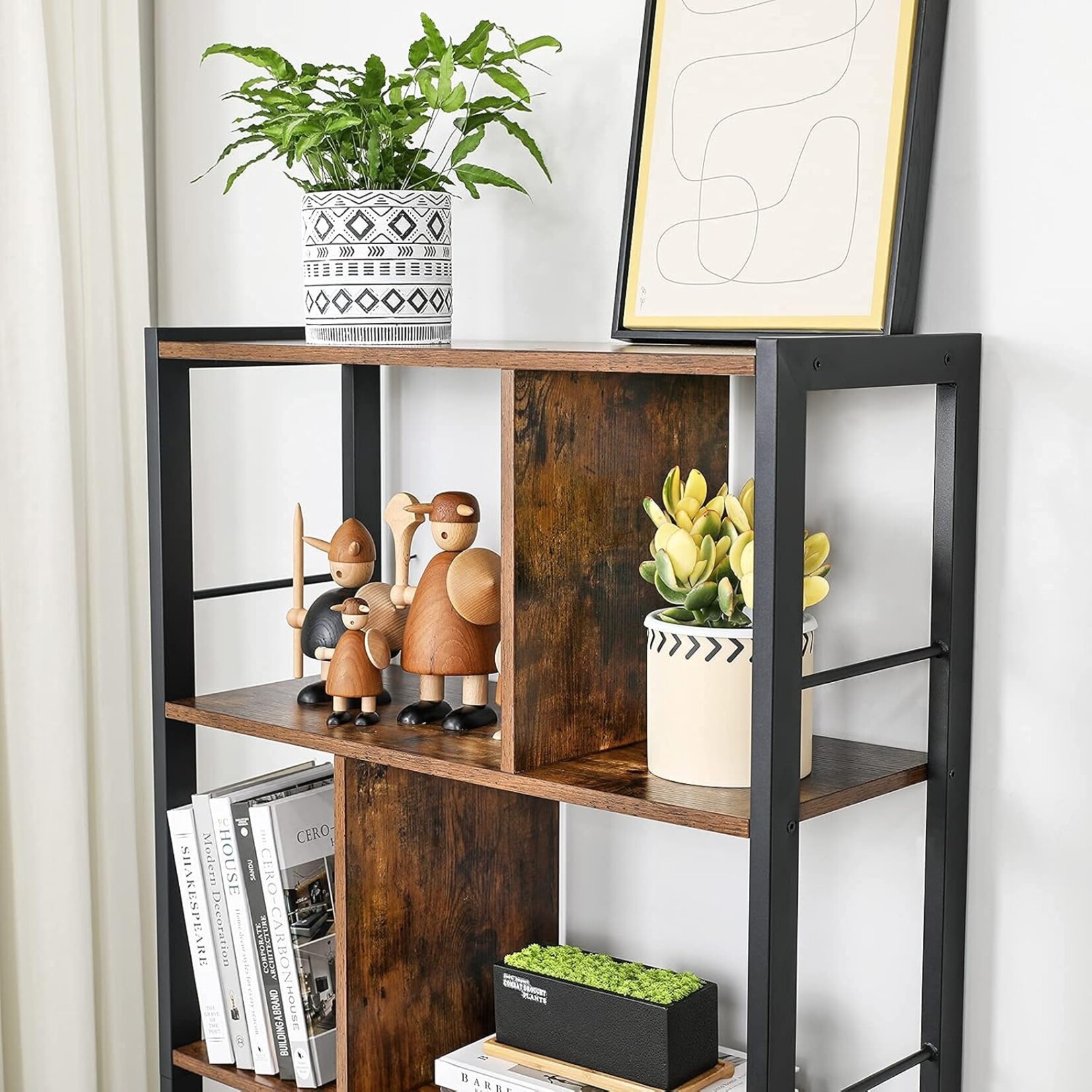 Parya Home Industriële Boekenkast – Staande kast met 4 open legplanken, stevig stalen frame, vintage bruin-zwart