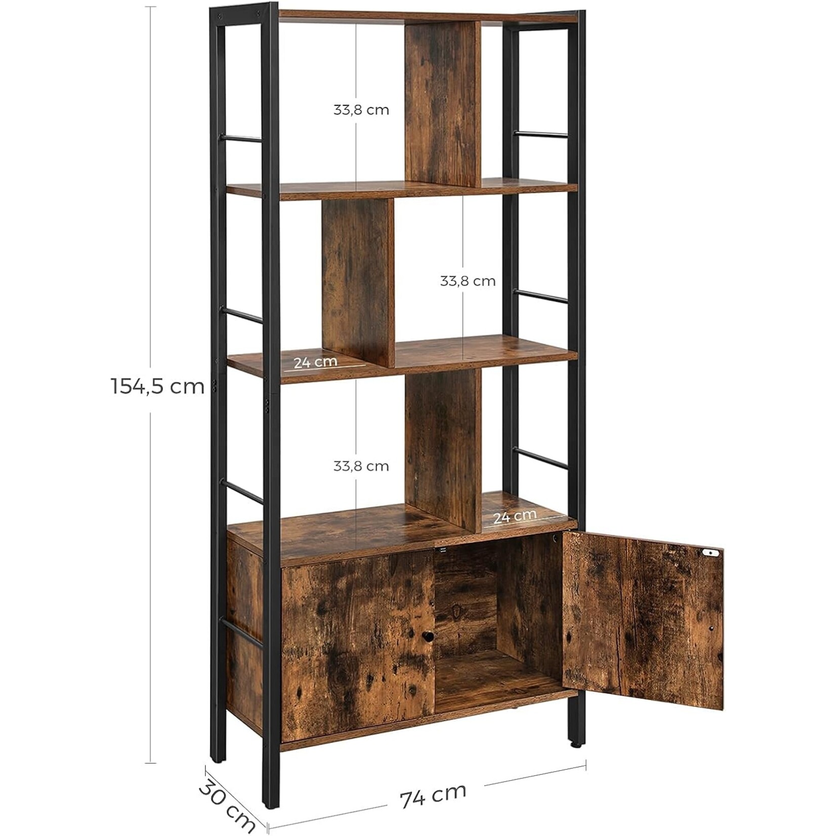 Parya Home Industrial Bookcase – Floor-standing cabinet with 4 open shelves, sturdy steel frame, vintage brown-black